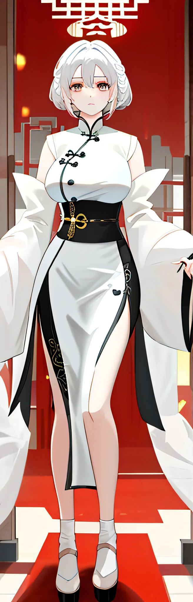 White hair,on cheongsam，The chest is huge