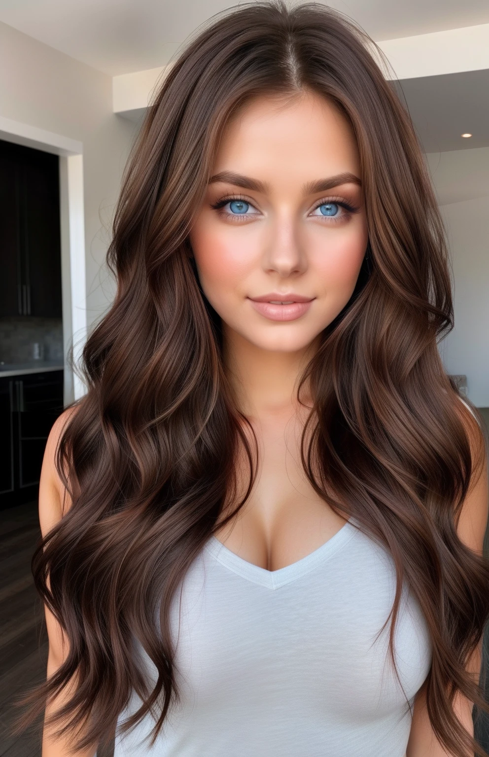 Beauty with long brown hair , big breast, blue eyes