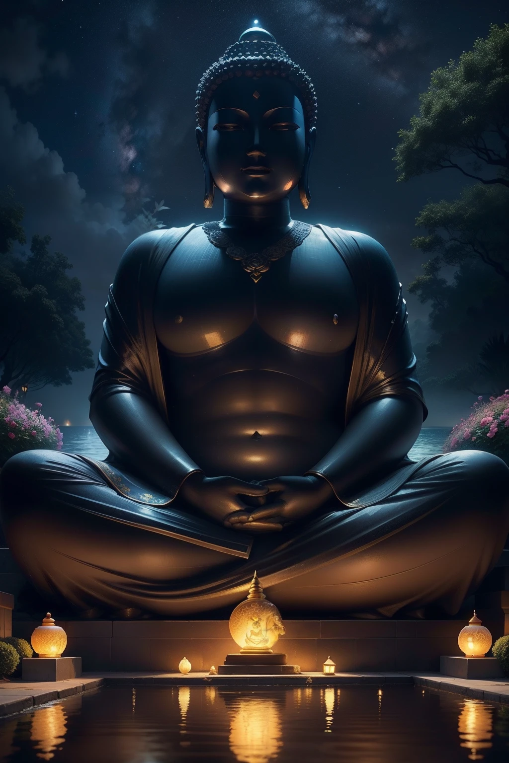 monuments: Great Buddha of Love Wish, A bronze statue of the Great Buddha, 5 meters high. It is decorated with gems, has a smiling face, and a device on its chest to make a wish, location: in the garden, Flowers of the four seasons, set in the garden. A path leads to a pond, where the figure of the Great Buddha is reflected in the surface of the water, state: Shining night, The night is illuminated by lights and stars. The outline of the Great Buddha emerges beautifully, thematic style: fantastic romance, Deep jewel tones, contrasts of light and shadow. Fantastic sculptures and flowers create a romantic atmosphere,