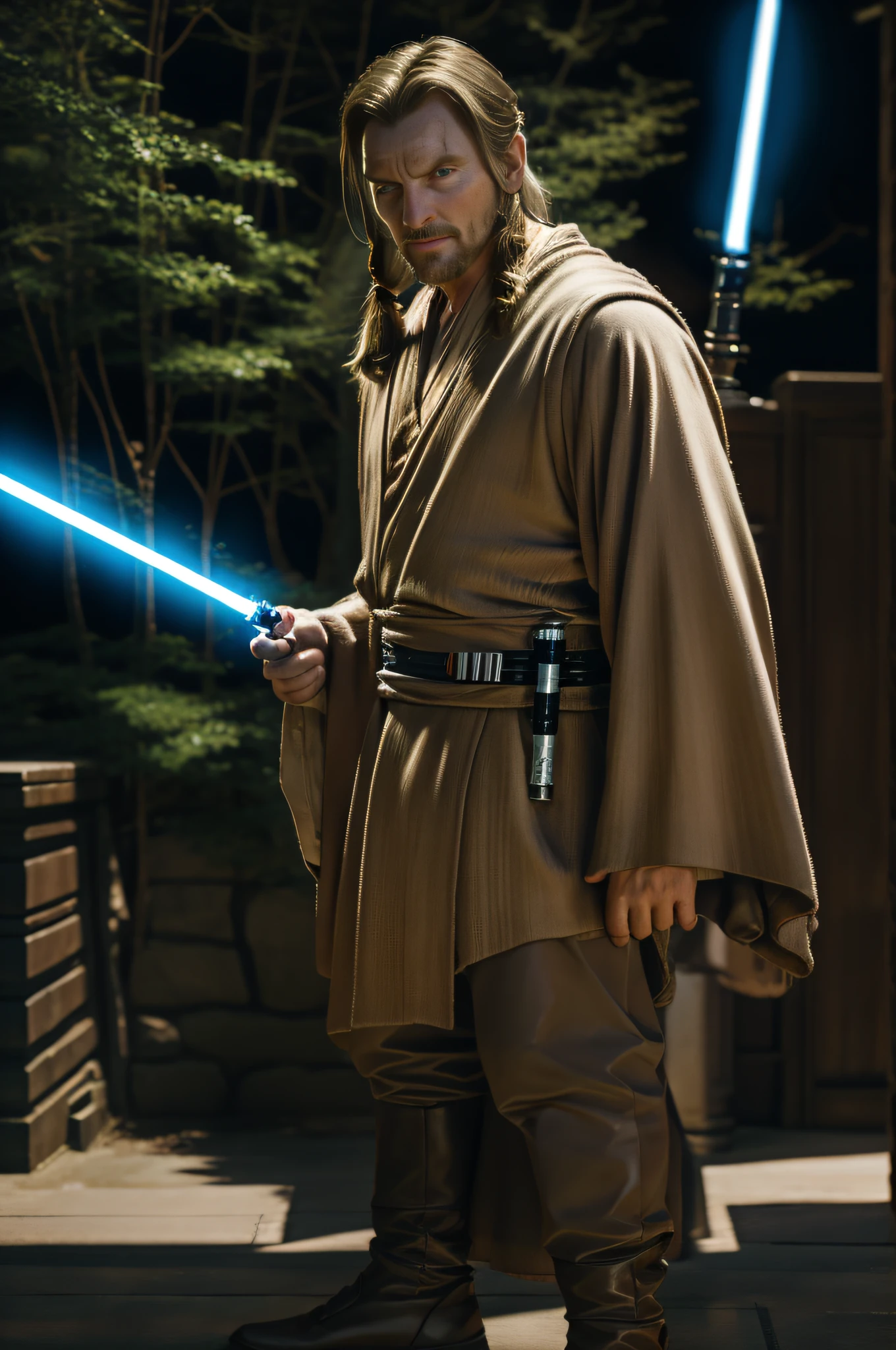 Detailed portrait of Michael Neeson as Jedi qui-gon jinn, with lightsaber, full body, Greg Rutkowski, artstation, fantasy, realistic style