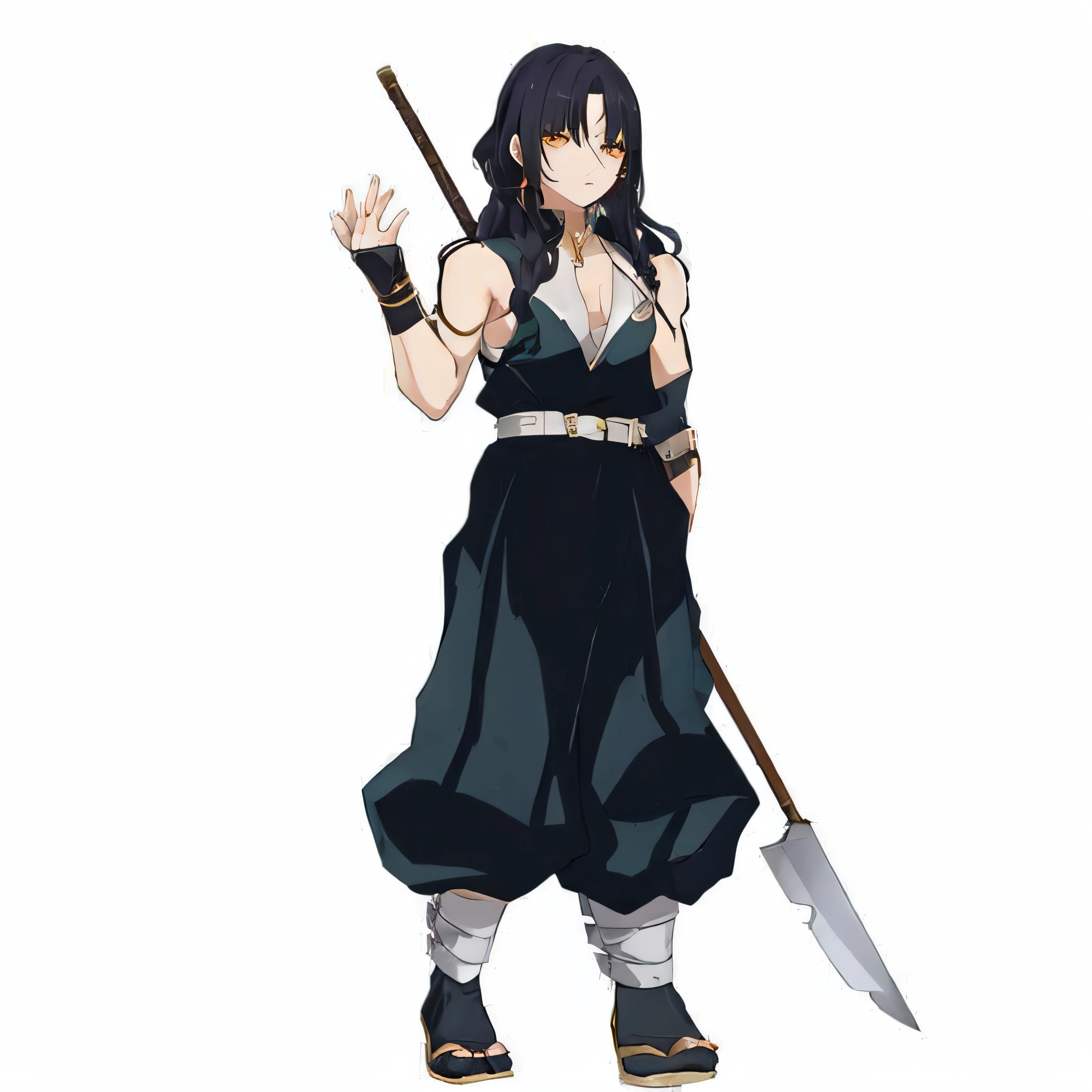 uma mulher com uma roupa preta segurando uma espada e um pau, arte oficial do personagem, inspirado em Okumura Masanobu, Demon Slayer rui fanart, Preto - Mago Cabelo, personagem de anime, Mai Yonyyama, personagem de anime feminino, Personagem JRPG, Okata Kazuto., ( ( arte conceitual do personagem ) ), Arte do personagem JRPG