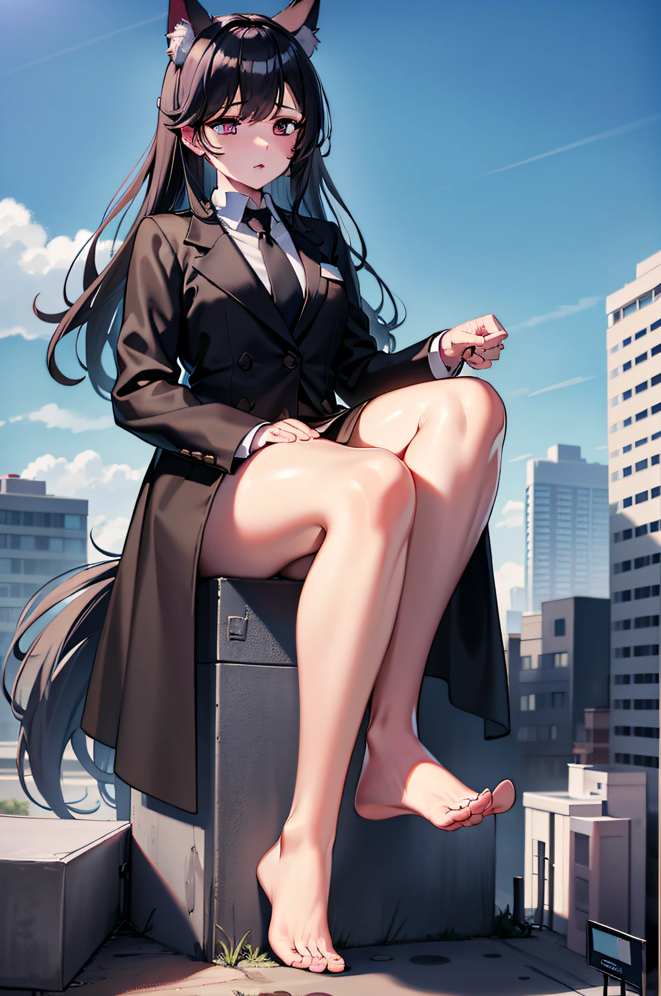 Shooting from below,office Street,Skyscrapers in the background,blue sky,all fours,Kneel,masterpiece,quality,High resolution,高quality,Realistic,Random hairstyle,business suit,Pencil Skirt,Black jacket,White collared shirt,whole body,Forehead,Ahegao,Big eyes,Embarrassed face,Fair skin,Thighs,High heels:1.3,panty drop:1.5