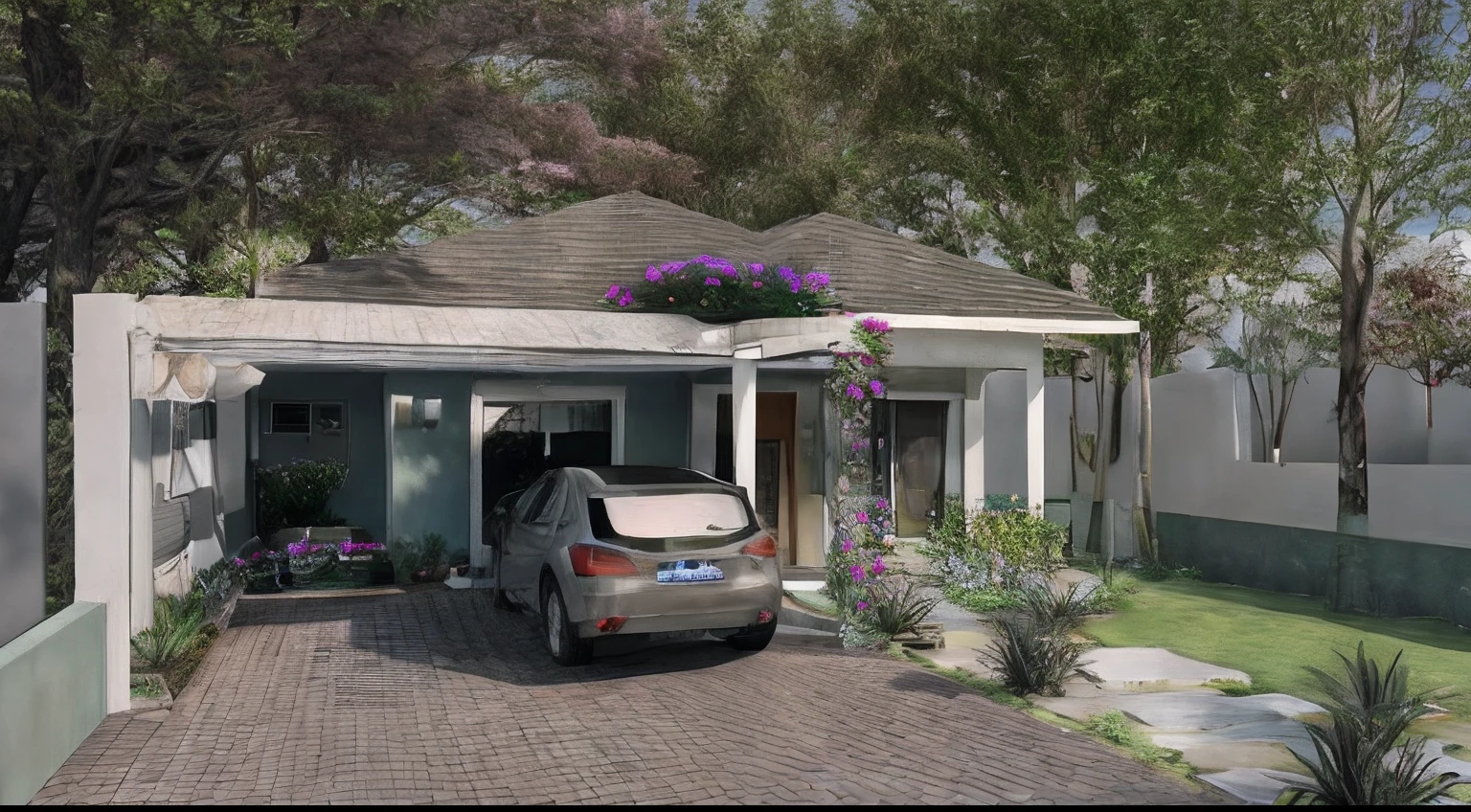 Ultra-realistic rendering of this house with a car parked in front