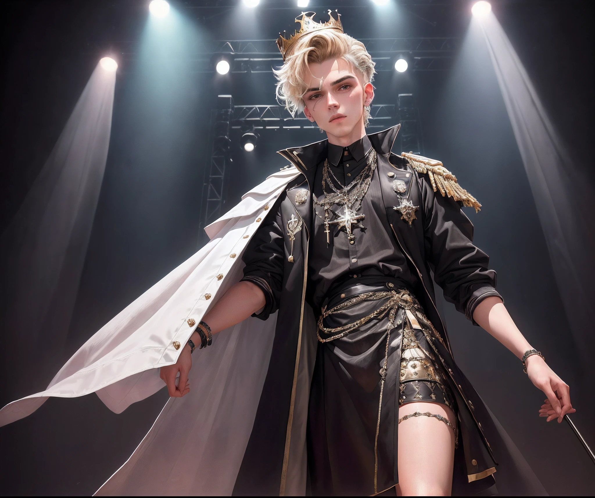There is a man in front of a stage with a crown, inspirado em Karl Thiart, inspired by Bálint Kiss, inspirado em Karl Hagedopoorn, inspirado em Kurt Roesch, inspirado em Michel Kikoine, mall goth, Inspirado em Kris de Deltarrune, moda kitsch, inspirado em Kieran