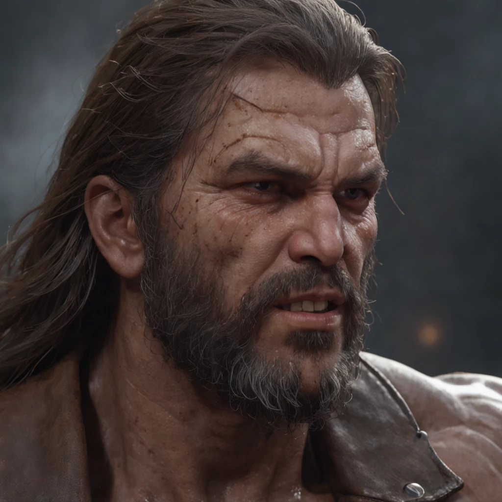(professional 3d render:1.3) af (Realistic:1.3) most beautiful artwork photo in the world,Features soft and shiny male heroes, ((Epic hero fantasy muscle man rough wet hero angry look long hair short beard and ferocious expression in dynamic pose, Fantastic location, Majestic cluttered environment)), full body 8k unity render, action shot, skin pore, very dark lighting, heavyshading, Detailed, Detailed face, (vibrant, photograph realistic, Realistic, Dramatic, Dark, Sharp focus, 8K), (Old leather garments damaged by weathering:1.4), ((((Wear fur)))), (Intricate:1.4), decadent, (Highly detailed:1.4), Digital painting, rendering by octane, art stations, concept-art, smooth, Sharp focus, illustration, Art germ, (loish:0.23), wlop ilya kuvshinov, and greg rutkowski and alphonse mucha gracias, (Global illumination, Studio light, volumettic light), heavy rain, particles floating, lotr, fantasy, elf, full bodyesbian, ((Dark and ancient city background:1.3)),CGSesociety,art stations