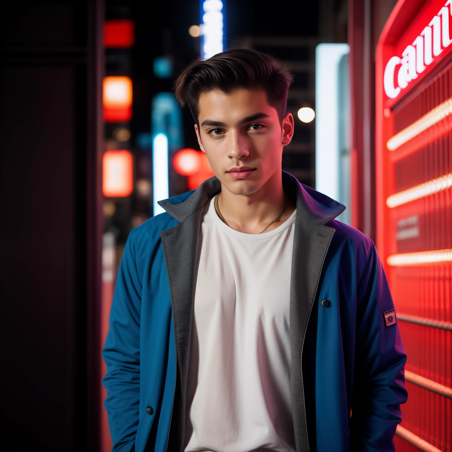 Foto RAW, Man, 1:1 indigente, canon 35mm, cinemactic, model, roupas modernas, fotorrealista, studio photoshoot, luzes, azul, Neon light, brasileiro, European, Porsche, sidecut hair, hairlights blonde
