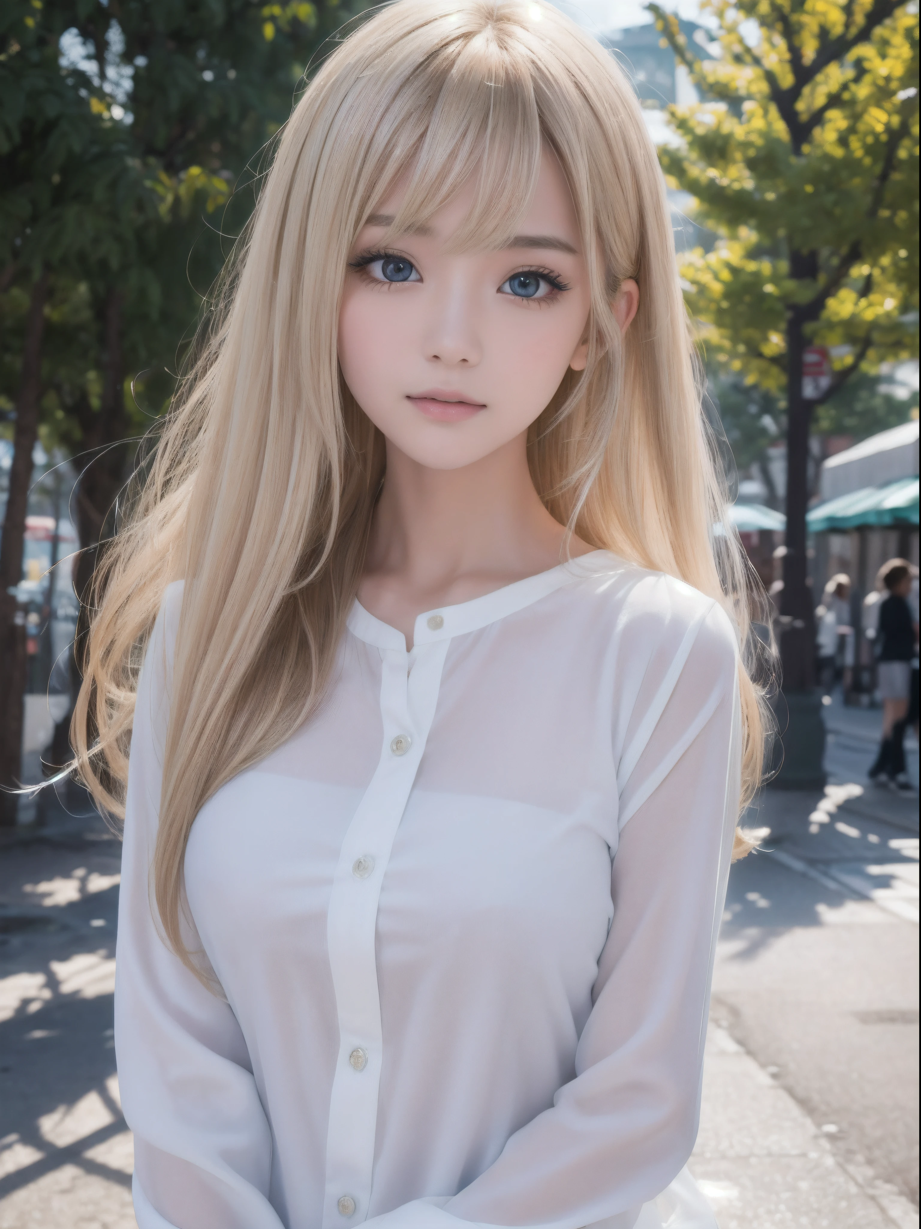 Light smile、Raw photography、(((Portrait of extreme beauty)))、((glistning skin))、女の子1人、 beautiful girl in Prague、bright expression、((platinum-blonde-hair))、[Big blue eyes that shine like jewels]、Glossy glossy skin、Silky long straight hair、eye liner、Beautiful bangs、Hair between the eyes、Long sleeve cutter shirt、((​masterpiece、top-quality、ultra-detailliert、Film Light、intricate-detail、hight resolution、ighly detailed))、细致背景、8KUHD、Digital SLR、Soft light、hightquality、Film grain、FujifilmXT3 、Shallow depth of field、natural soft light、（No hands）、Kamimei、small tits