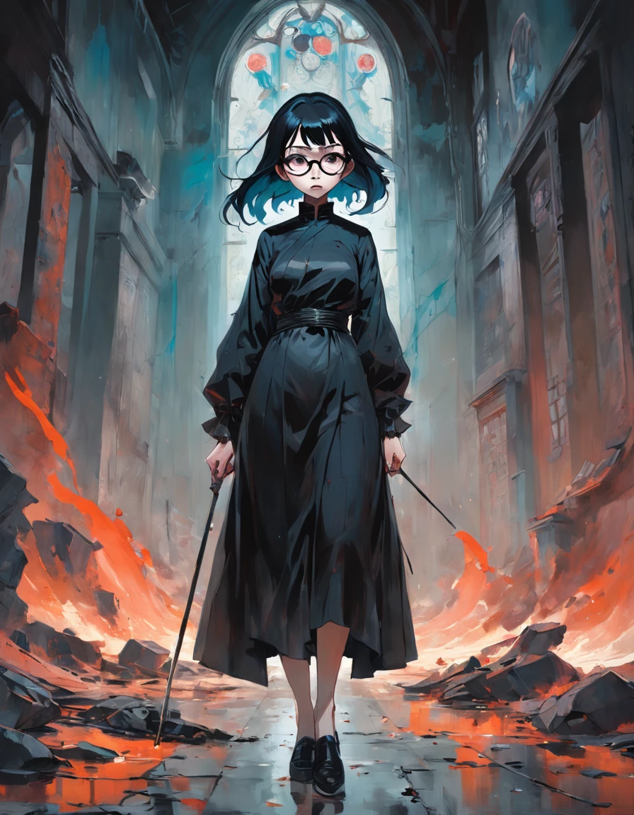 medium shot, full dress, 1woman, solo, Middle-aged woman wearing glasses, rich, walking in citadel, looking at viewer. Gothic. Neogothic. Splatter. In the style of Adrian Ghenie, Esao Andrews, Jenny Saville, Edward Hopper, surrealism, Dark Art par James Jean, Takato Yamamoto, Minimalisme inkpunk. Dans le style de Tim Burton. Dans le style de Corpse Bride.