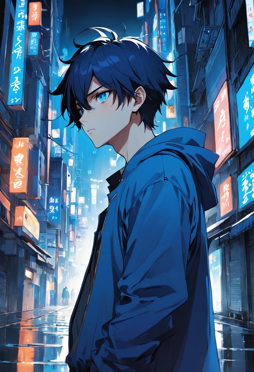 Dark environment 0.5,On the streets of the city,Male protagonist,malefocus,Bright and blue eyes,Big head and small body,Manhwa Style,quadratic element,Environment rendering,Set off the protagonist,Boy side face,Looking not far away, deep in thought