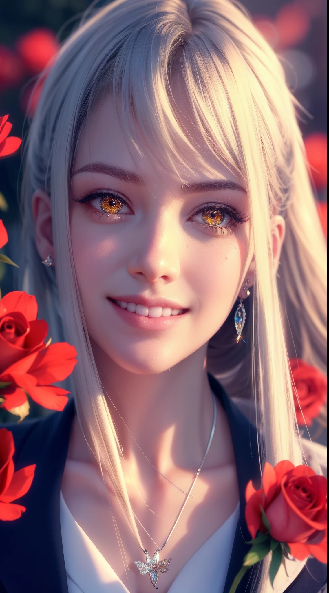 Garden covered with red roses in the background, Silver hair, front ponytail, eyes reflection, red contact lenses, Pink eyes,Heterochromia， Wear earrings, Blue crystal pendant，Evil smile, shairband，High detail, romanticism lain, Depth of field, Sparkle, Ray tracing, viewfinder, zoom layer, Close-up, Bokeh, Anatomically correct, High details, 1080p, Ultra HD
Woman，High ponytail，a sailor suit,Half out of the water，Get wet，Clothing water pattern detail，The expression is solemn，holding knives，Shiny blade detail depiction，reflective light，
Gorgeous and delicate glowing little butterfly hair ornament，brilliant colorful，Fine engraving，Shine brightly，The attention to detail，The jewelry is of high quality，Extremely high image quality