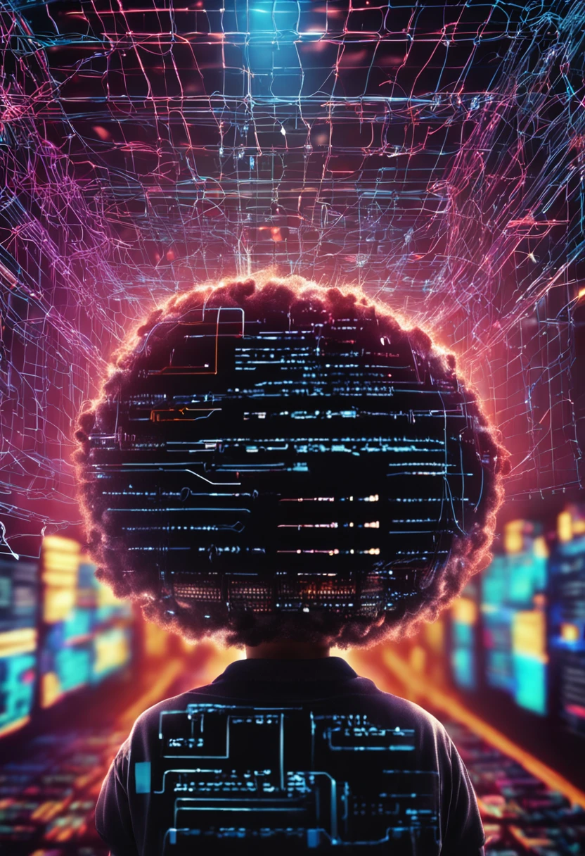 Blockchain hacking boy with huge compter in his background
