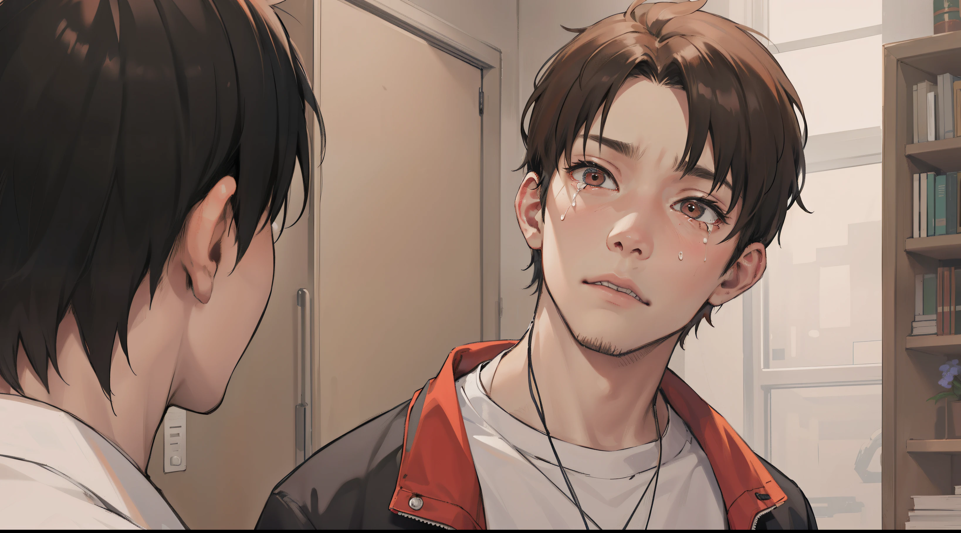 Orange-haired 15-year-old cries with sadness because his friend has died, Clenches his fists in anger, energia y luces salen de su cuerpo