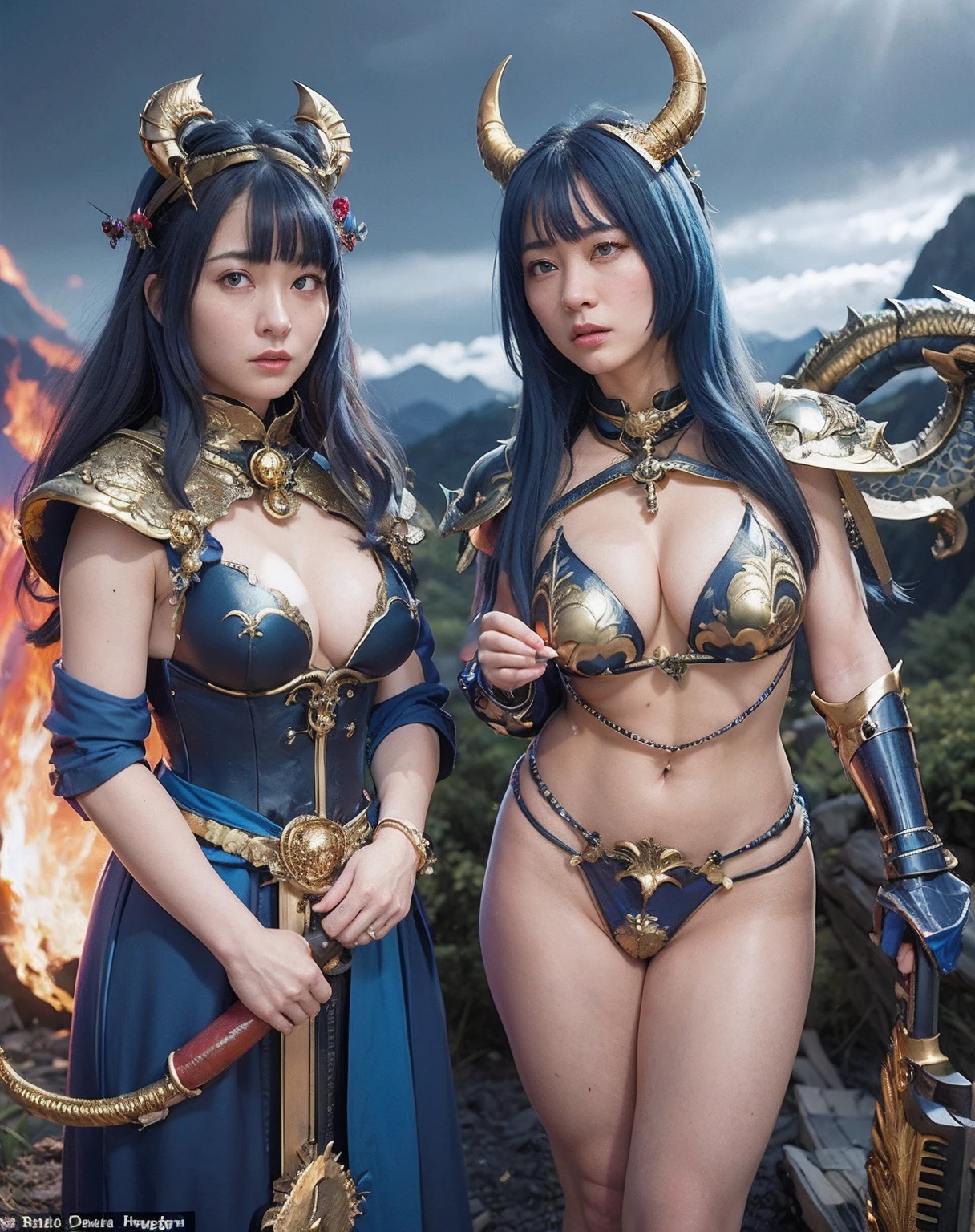 Professional , masterpiece、top-quality、photos realistic , depth of fields 、(Gemstone Blue Metal Body:1.9),(Matte blue with gold pattern、Wind-effect、(cleavage of the breast)、Dragon Gold Weapon(Dragon Metal Body:1.4),Gorgeous gold weapons ,(Particles of light)、(Strange expressions)、Mystical expression、(( Dragon's dense and gorgeous sword)) , Ultimate Beauty 、((Blue hair))、(Castle background)、The dragon、((Gangle's forest background))、Beautiful Caucasian beauty、(1a person)、dynamic ungle,(((Details of the two demon horns on the head)))、Smaller head、A smile、Castle background、Thin and beautiful female hands、cleavage of the breast、Soldier in iron armor on background、Mystical expression、Light Effects、Wind-effect、magic circles、With the legendary magic wand、(demonic wings)、(Blue hair)、(1 persons)、Battle Look、Anatomically correct body、Toostock、Toostock、