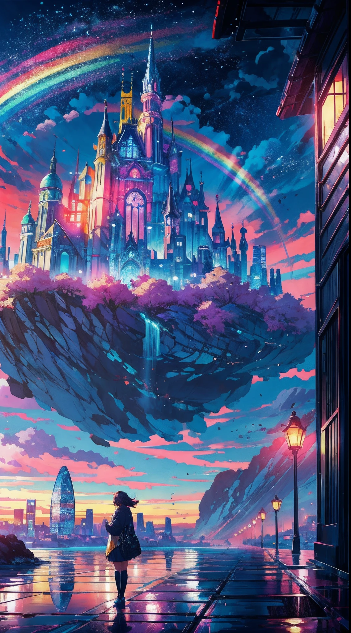 Anime girl standing in big city looking at rainbow sky,Near Future City、 makoto shinkai cyril rolando, anime art wallpaper 4k, anime art wallpaper 4k, Anime art wallpaper 8k, inspired by Cyril Rolando, in the style dan mumford artwork, amazing wallpapers, by Yuumei