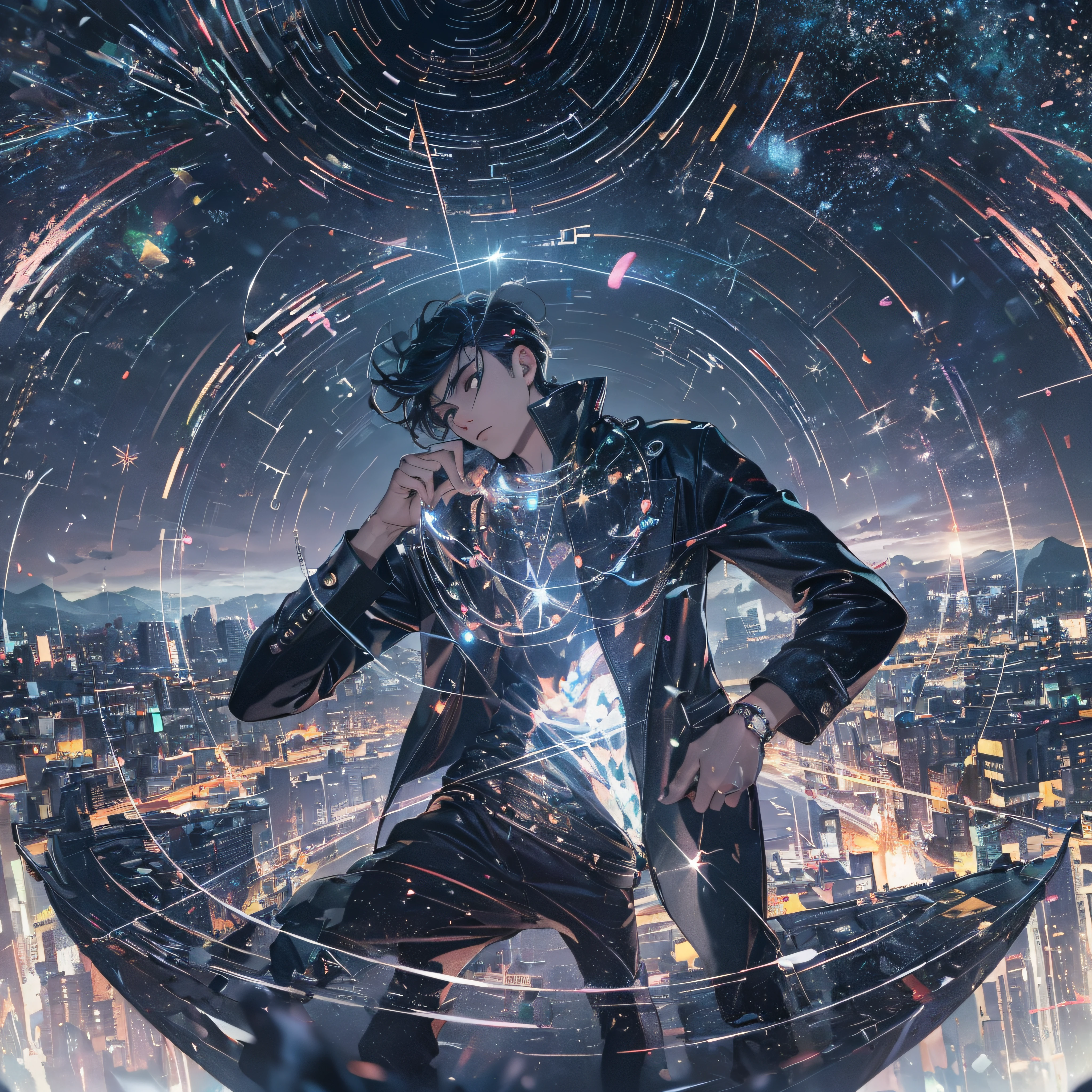 ((Best Quality, 8K, Masterpiece: 1.5)), landscape, wide, morning shoot, star trail, slow speed, standing young man with black hair, black jeans, look at the stars, amazing scenery, hundreds of stars forming a circle, light waves, in the center of cyborg city, magic in hands, reflection, eye catching.