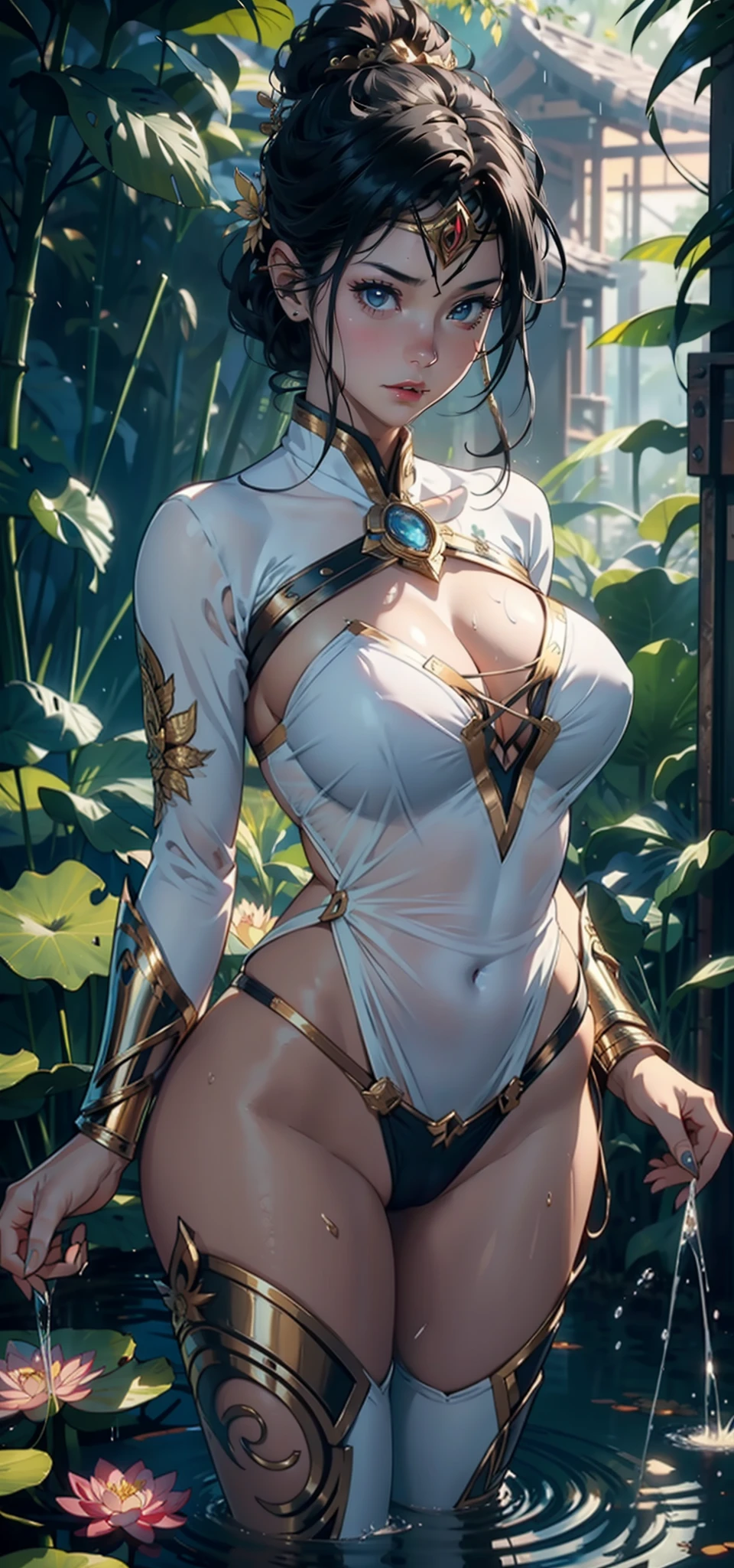 1female,32years old,huge-breasted ,Pornographic exposure, 独奏,(Background with:bamboo forrest,lotuses,lotus flower,exteriors,) She has short black hair,bobo head,Sweat profusely,drenched all over the body,seen from the front, hair straight, mostly cloudy sky,(((tmasterpiece),(Very detailed CG unity 8K wallpaper),best qualtiy,cinmatic lighting,detailed back ground,beatiful detailed eyes,Bright pupils,Black eyes,(Very fine and beautiful),(Beautiful and detailed eye description),ultra - detailed,tmasterpiece,)),facing at camera,A high resolution,ultra - detailed),,revealing breasts,Bare genitalia, Bulge,legs are open,Raised sexy,Camel toes,Flushed complexion,Open-mouthed,frontage,White floral headband,Gold Saint Seiya,wonder women,elementary student(Wearing:Black transparent apron,Filigree embroidery,fullnude,with no underpants,Iron Man uniform,cyber punk style)