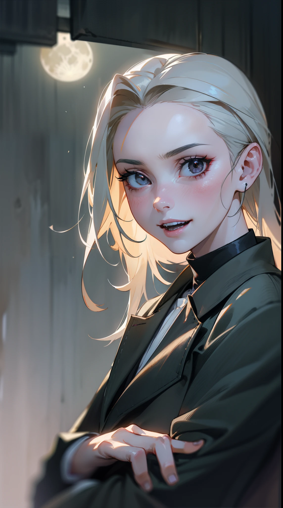 ((masterpiece)), best quality, 8k, high quality, high resolution, super detailed, ultra detailed, photorealistic, beautiful and finely detailed face and eyes, ultra detailed and detailed skin texture, expressive eyes, perfect face, 1 girl, slicked-back hair, (pale skin), sunken black eyes, tailored suit, long fingers, (knives), glove with blades, standing in mist, lurking presence, ((chilling gaze)), midnight, dimly lit alley, flickering streetlamp, foggy atmosphere, (sinister laughter), (full moon), since centuries, Evelyn, malevolent eyes, cinematic horror background.