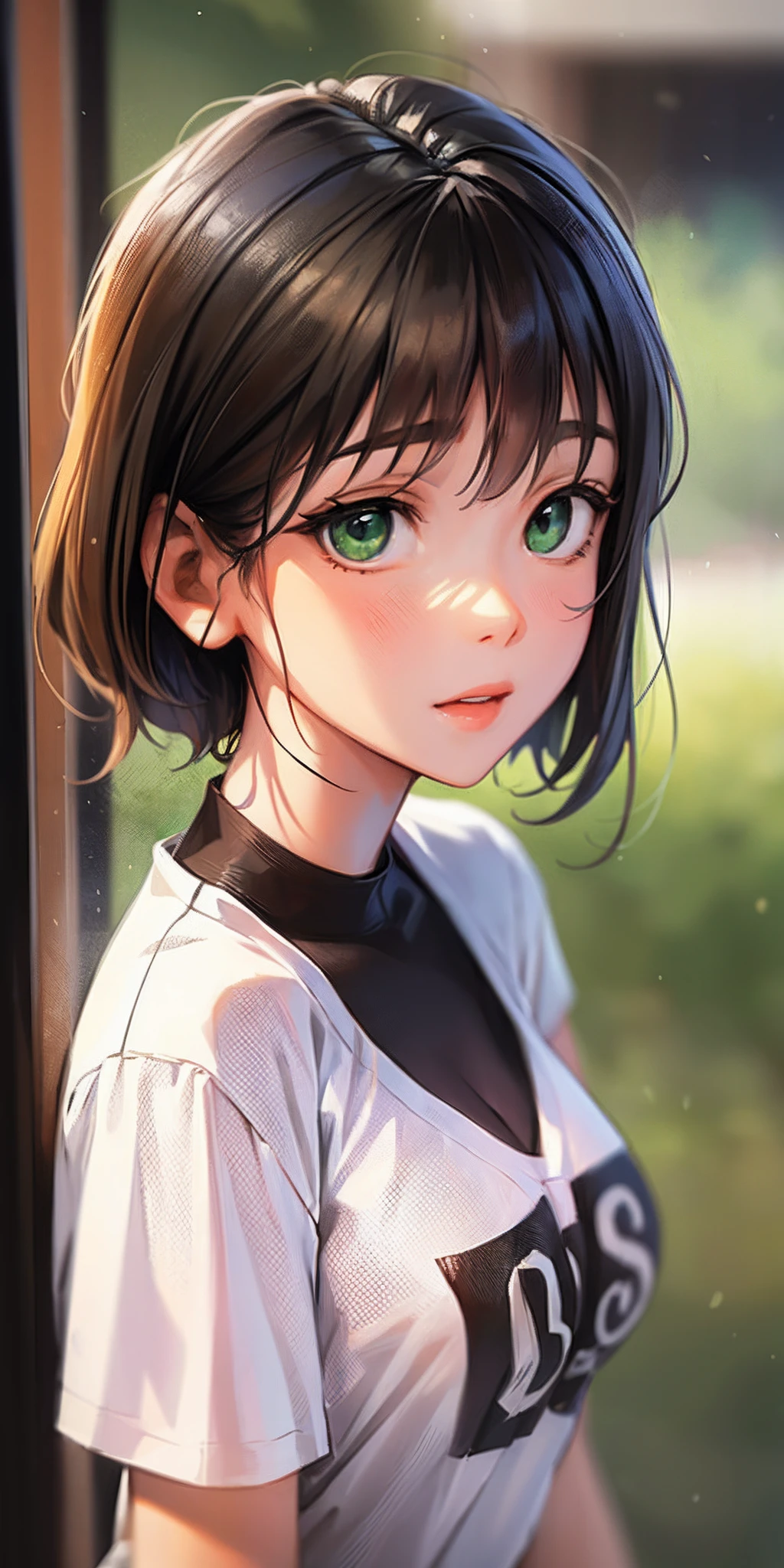 Single Portrait,Favorite people、be shy、Kyomachi Seika、bobhair、Lots of hair、Short hair、(Shining Green Eye)、Bright character、18year old、female students、Black mini skirt、large full breasts、show through、Her