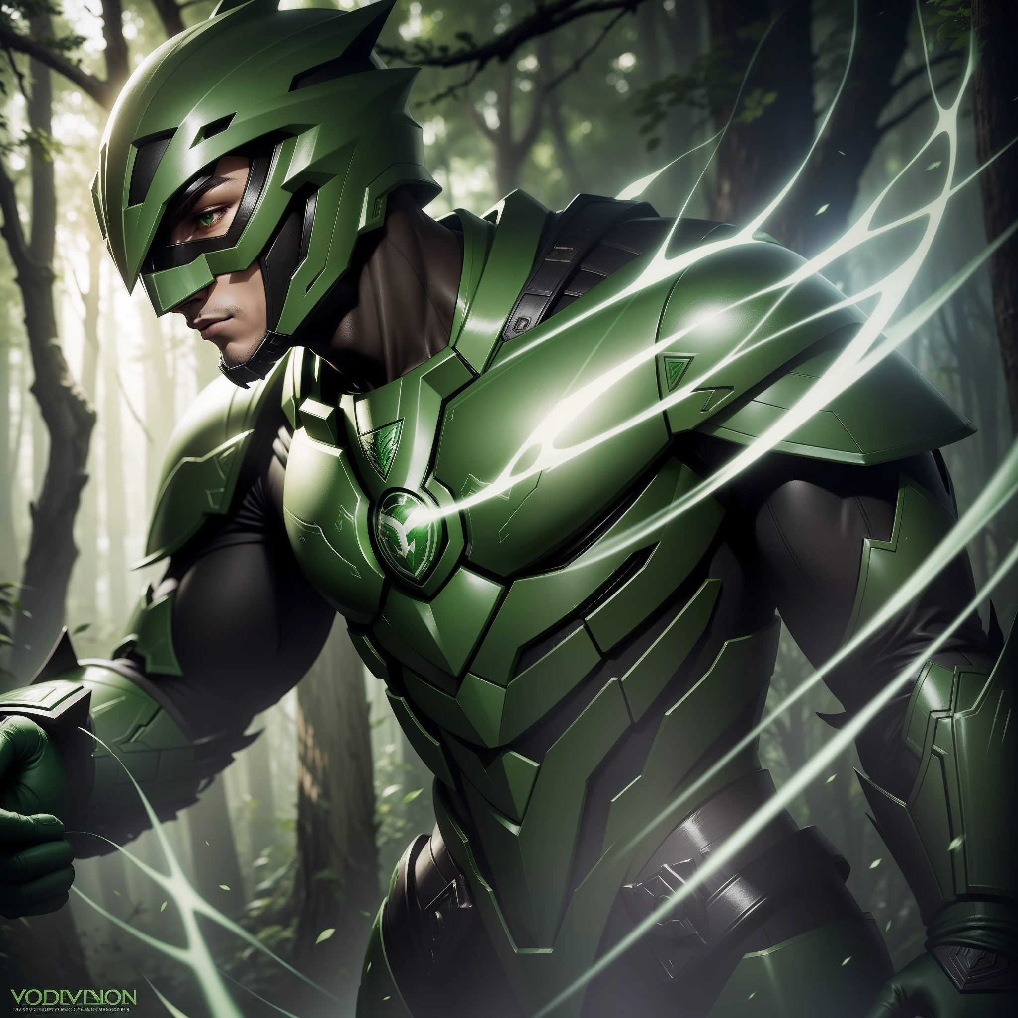 green power ranger, forest detail armor, mystical, cinematic, hyper detailed, high quality, global light