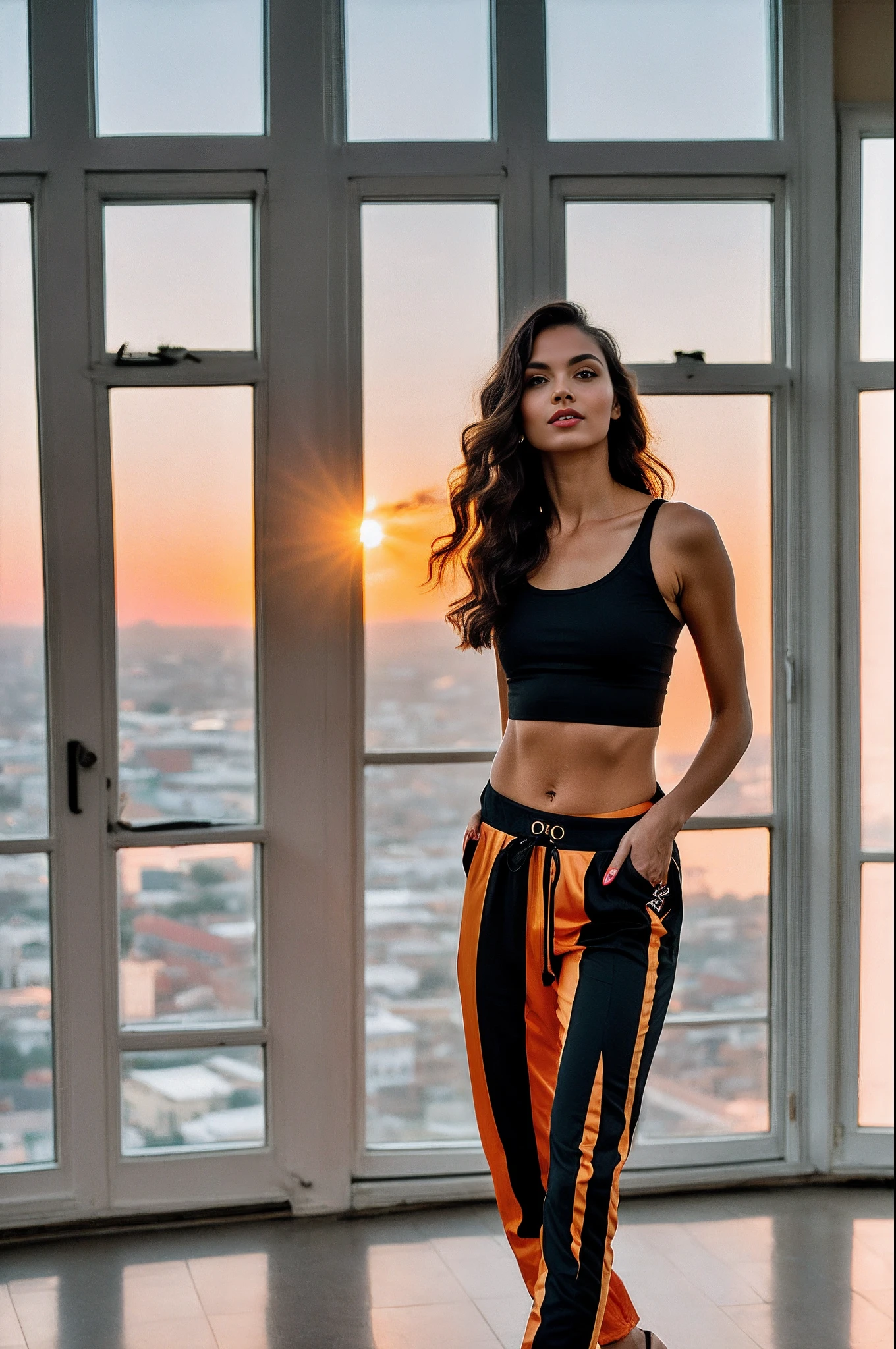 Portrait photo of stylish beautiful girl standing by a window on a high floor, Short wavy hair, Gorgeous aesthetics, Crop black crop top, track pants, 50 millimeters, f/1. 4, High detail, Sharp focus, Cowboy shot, rim-light, Sunset, 8K UHD, ModelShoot style