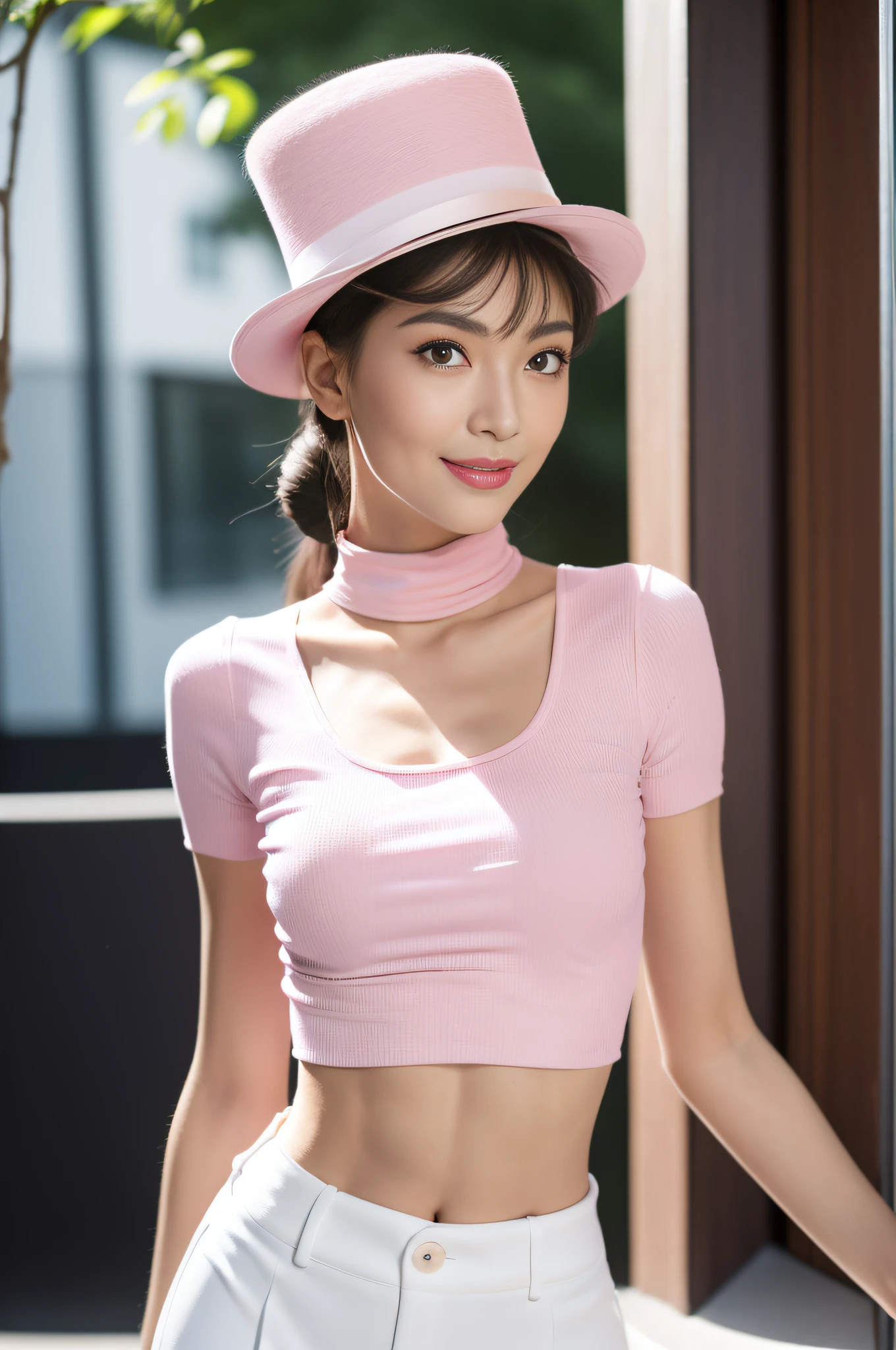 (best qualtiy,8K,tmasterpiece:1.3),(sharp fokus:1.2),(one-girl:1.2),(perfect body figure:1.4),(Slim abs:1.1),(Pink top hat:1.4),(short- sleeved:1.2),exteriors,rays of sunshine,Fine face,beautidful eyes,Straight legs