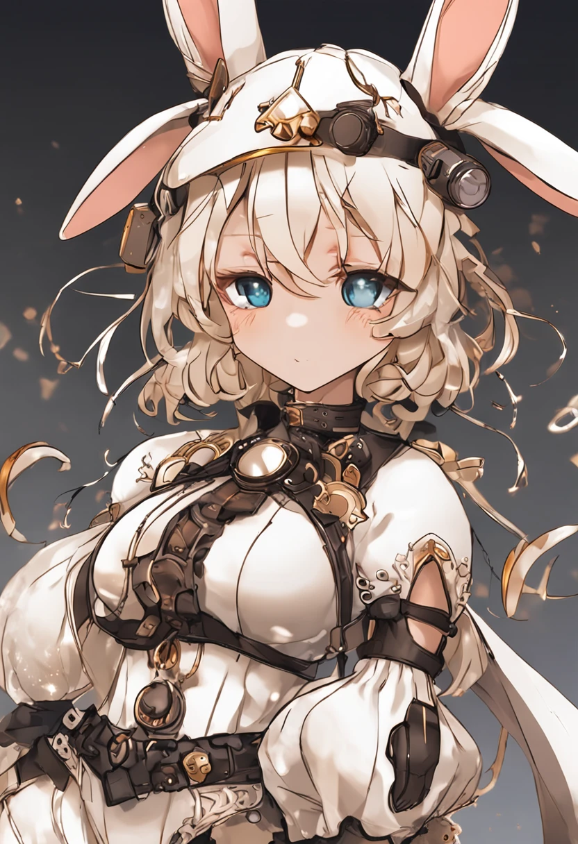 adorable rabbit，shinning armor，In steampunk style，Ram rabbit，2 small broken ears，wide blue eyes，Small black ears，A black eye，White Bunny Girl cosplay, Large round fluffy tail, Tattooed, Short hair with light brown wavy hair, Big sparkling red eyes, Abs, great proportion, A full-body shot, Kaleidoscope of background, 、anime big breast、, illustration, fanciful, Portrait、、, animification, A high resolution, HighestQuali, Extremely high image quality, the ultra-detailed, The ultra-realistice, photot-REALISTIC