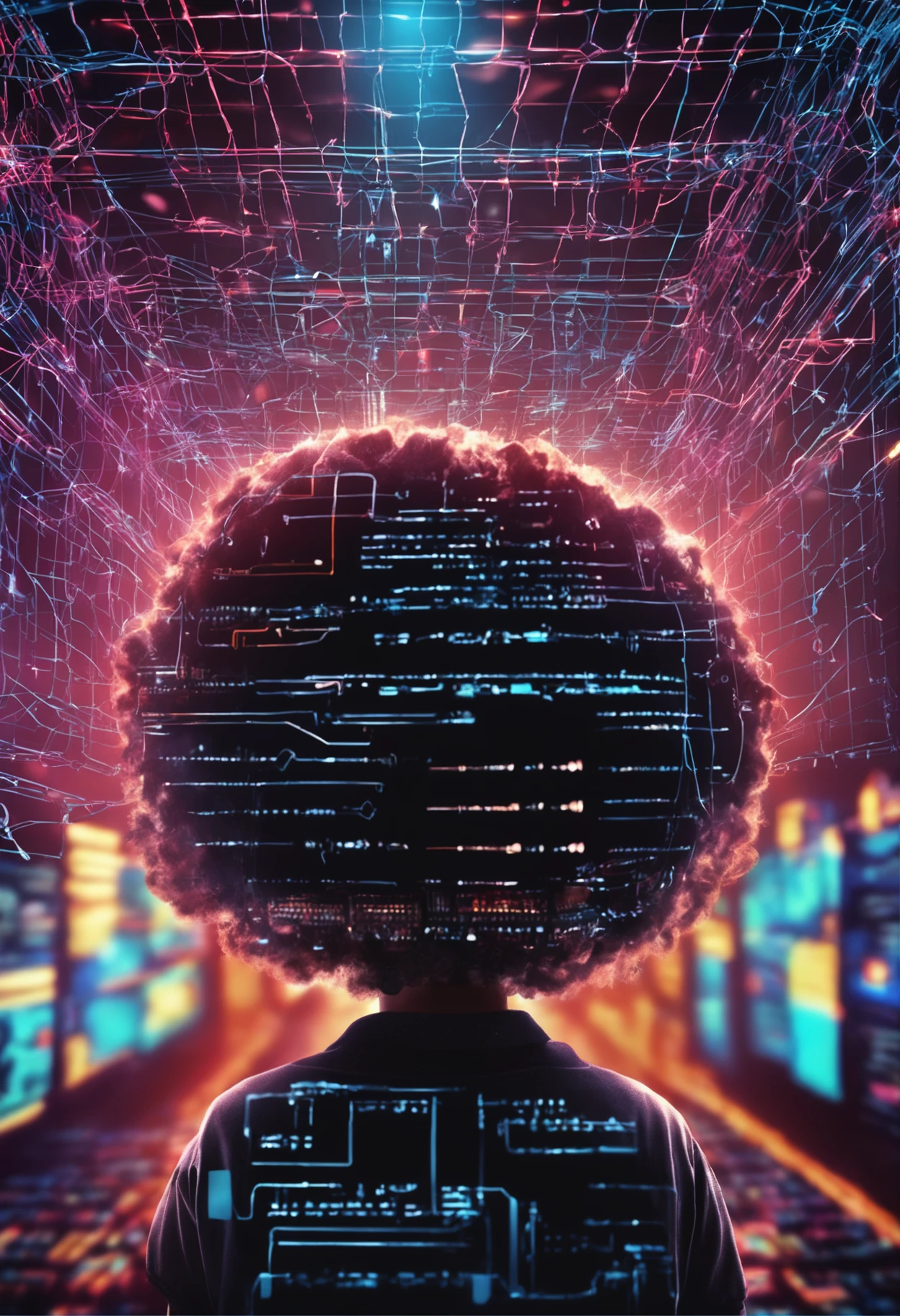 Blockchain hacking boy with huge compter in his background