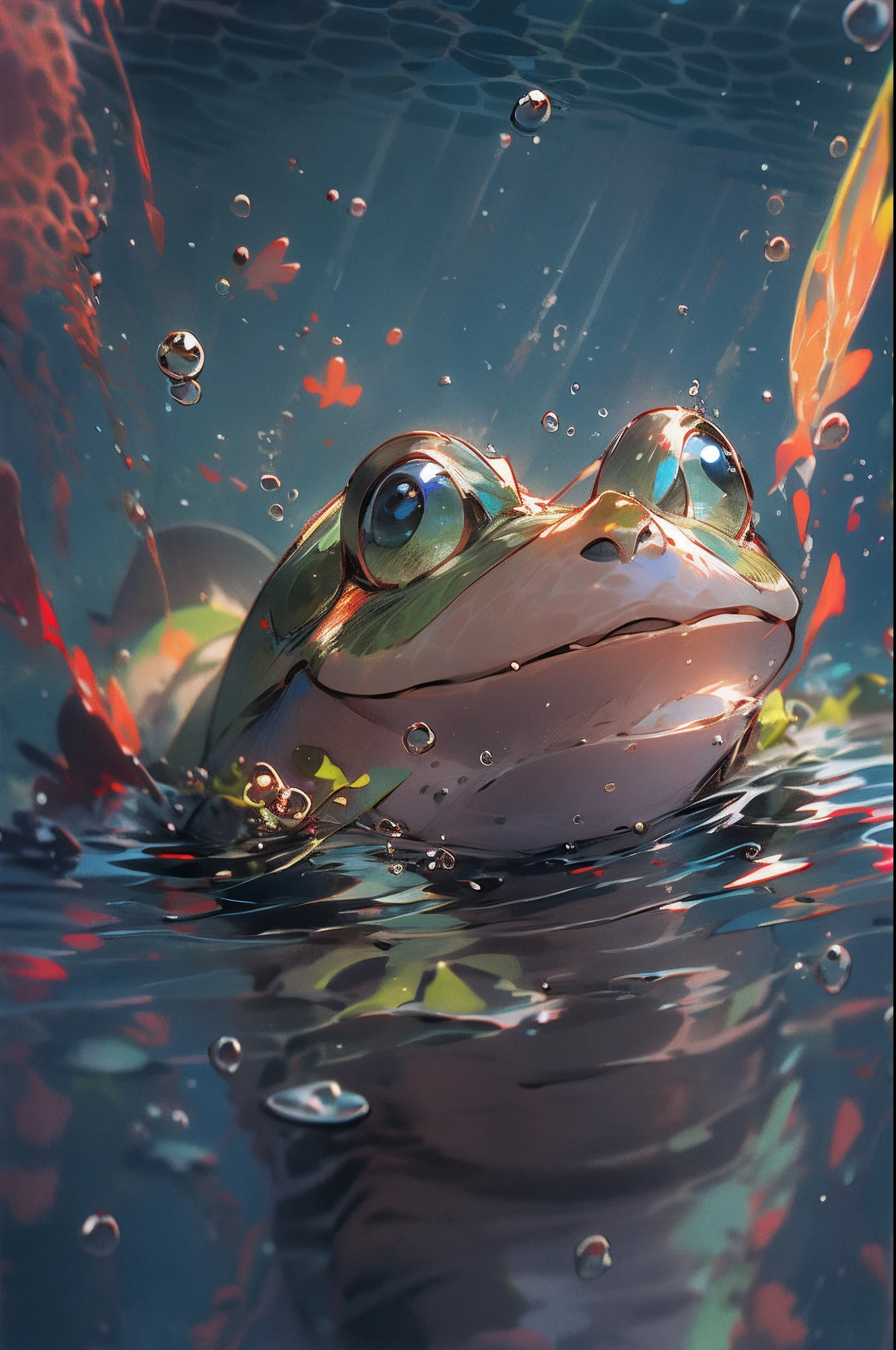 1 cute frog, close-up face, Portrait, Furry, No Man, In water, ocean floor, Swimming, Blisters, Buble, More details, Saturated colors, cute smiling, Best quality, 8K, High saturation