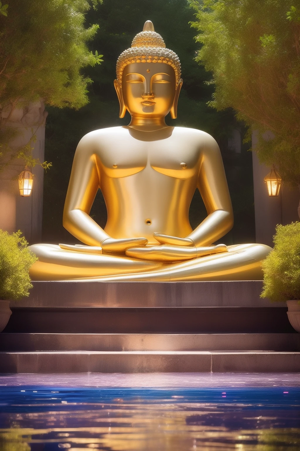 monuments: Great Buddha of Love Wish, A bronze statue of the Great Buddha, 5 meters high. It is decorated with gems, has a smiling face, and a device on its chest to make a wish, location: in the garden, Flowers of the four seasons, set in the garden. A path leads to a pond, where the figure of the Great Buddha is reflected in the surface of the water, state: Shining night, The night is illuminated by lights and stars. The outline of the Great Buddha emerges beautifully, thematic style: fantastic romance, Deep jewel tones, contrasts of light and shadow. Fantastic sculptures and flowers create a romantic atmosphere,