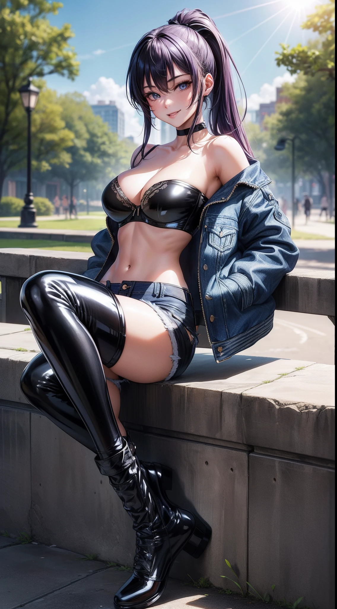 8k, highres, ultra detailed, (masterpiece:1.4), best quality, symmetrical body, a beautiful 18 year old girl, (jeans jacket:1.4), (black latex bandeau bra:1.4), (jeans shorts:1.4), (cotton overknee socks:1.4), big breasts, full body shot, cute, solo, long hair, purple hair, two ponytails hairstyle, blue eyes, glow effect, finely eye, detailed face, looking at viewer, smilling at viewer, dominant look, (seductive:1.4), sun, rim light, in the park