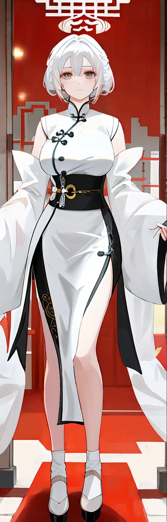 White hair,on cheongsam，The chest is huge