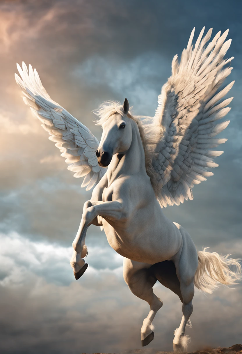 blueprint A majestic pegasus with wings spread flies gracefully through the sky. Items and gear listed on the side: - White winged horse - Flowing mane and tail - Saddle and reins