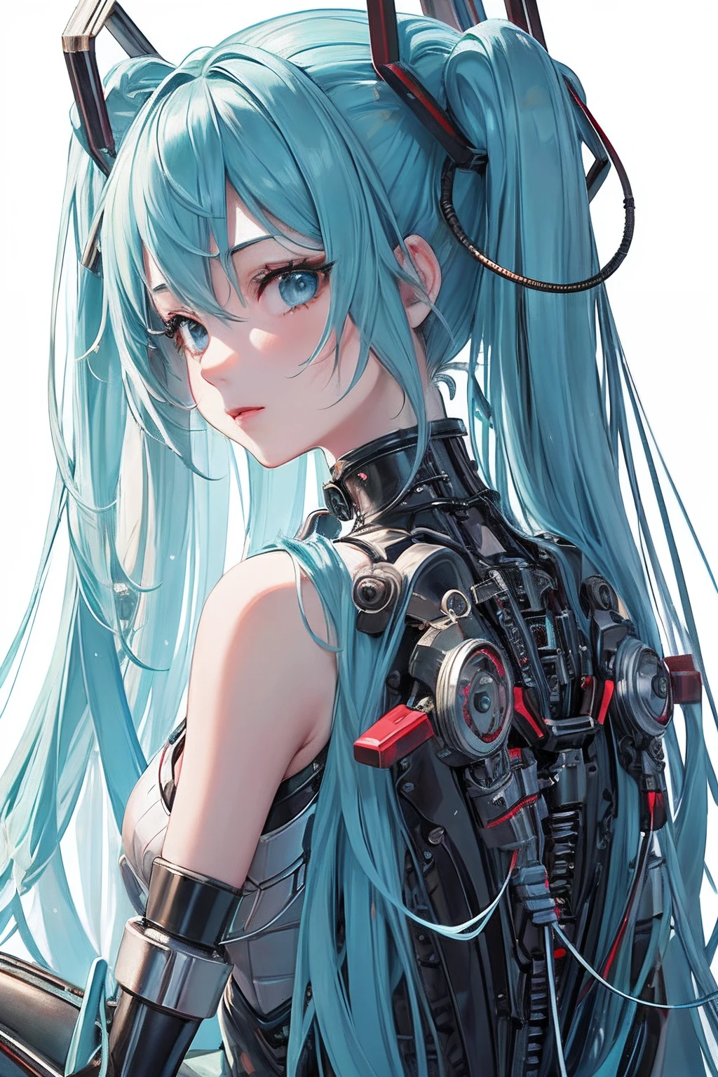 (Masterpiece, Top quality, Best quality, offcial art, Beautiful indulgence: 1.2), (1 girl: 1.3), Very detailed, Colorful, suprem details ((Ultra detailed)), (Highly detailed CG illustration), (Very delicate and beautiful)), (From the side), Cinematic light, (1 machine girl)), Solo, full bodyesbian, (Mechanical joints: 1.2), ((Mechanical limbs)), (blood vessels attached to the tube), ( Mechanical vertebrae attached to the back), ((Mechanical cervical vertebrae attached to the neck)), (Sitting), Expressionless, (wires and cables attaching to neck: 1.2), (Head wires and cables: 1.2) (Character focus), Science fiction, White background, (Blood: 1.5), angel, Mint green hair, Blue eyes，Big breasts Hatsune Miku，dual horsetail