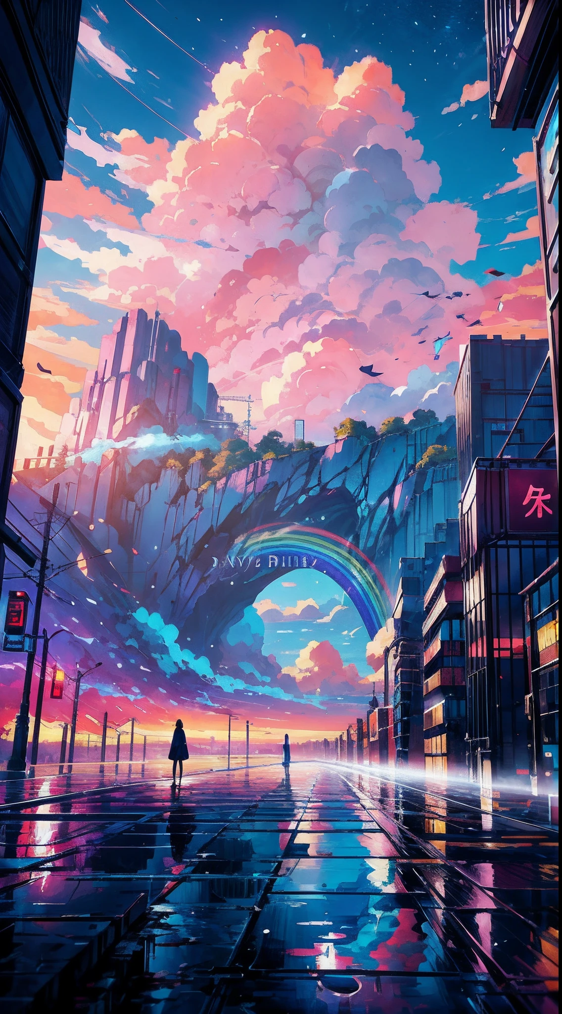 Anime girl standing in big city looking at rainbow sky,Near Future City、 makoto shinkai cyril rolando, anime art wallpaper 4k, anime art wallpaper 4k, Anime art wallpaper 8k, inspired by Cyril Rolando, in the style dan mumford artwork, amazing wallpapers, by Yuumei