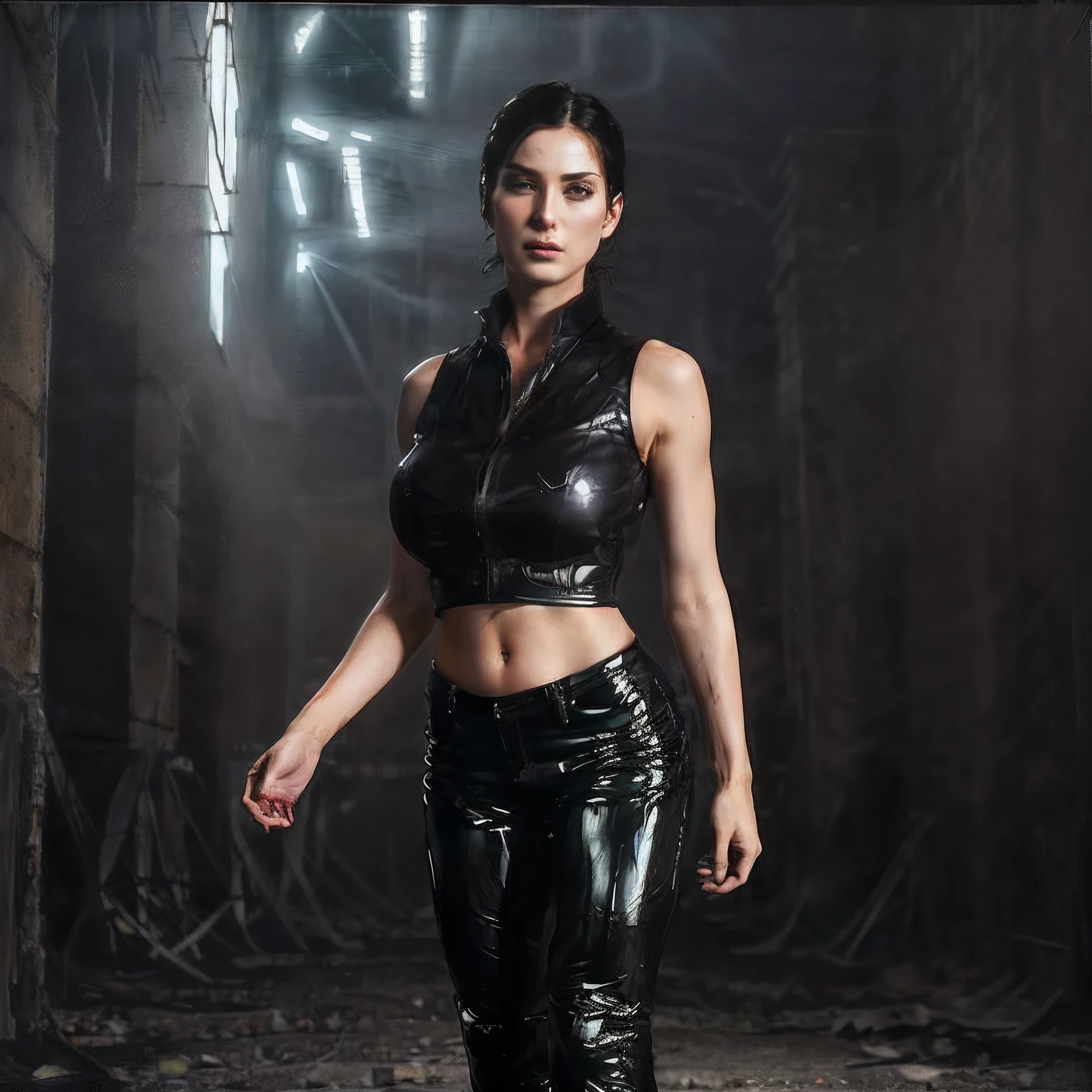 ((masterpiece, Best Quality, High resolution, 32K HDR)), (Perfect portrait of trinity00:1.3, (sleeveless sheer shirt:1.15, leather pants, boots, visible realistic nipples under shirt:1.15), Ultra detailed eyes, hyper derailed face, Detailed mouth, Detailed skin texture, (Atmospheric lighting), Shot with Aricum LT camera, (inside abandoned building:1.2, jumping kick pose:1.4, Huge breasts:1.15), (dark atmosphere:1.35),