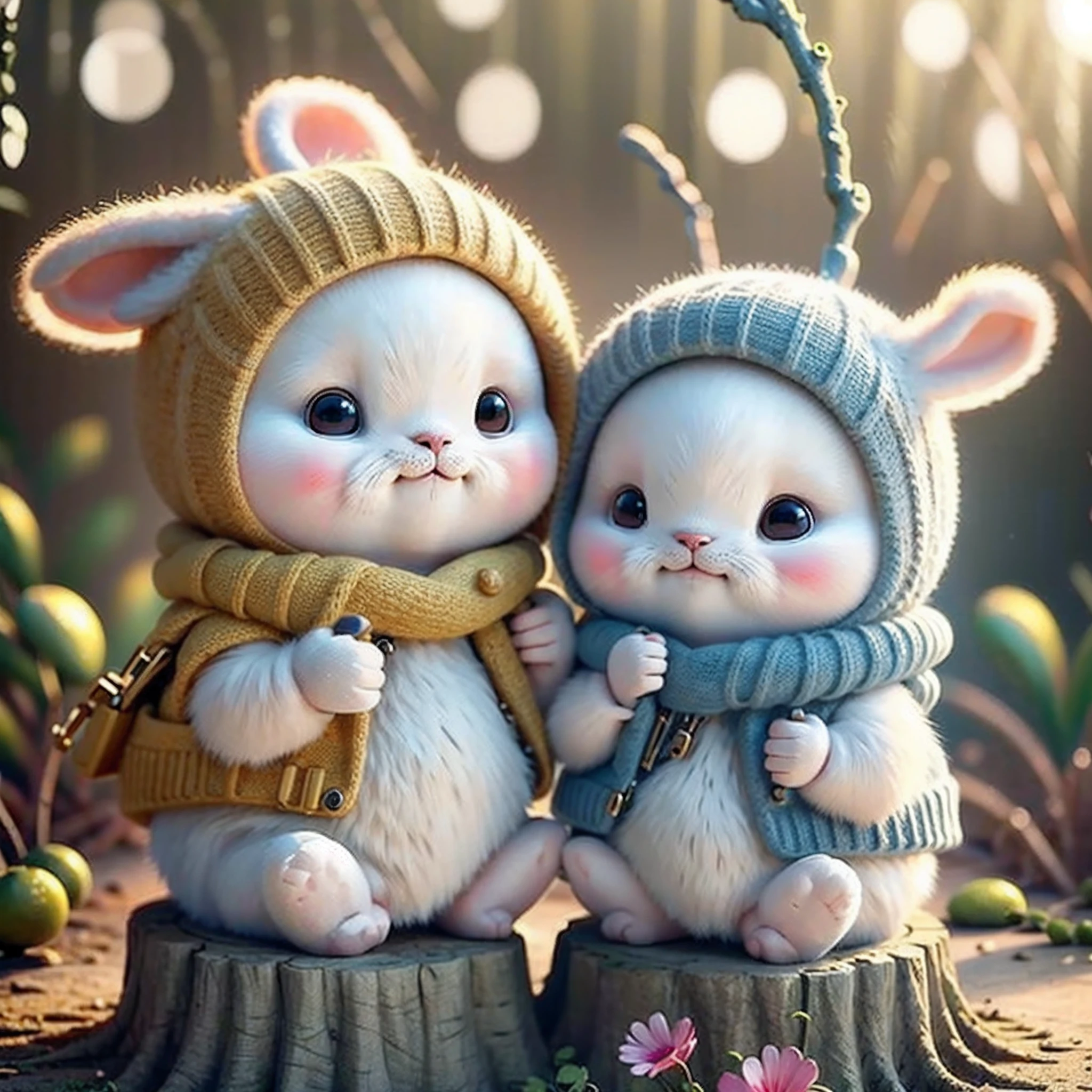 holding camera, tree_stump, flowers, adorable , fluffy, photorealistic, soft lighting,