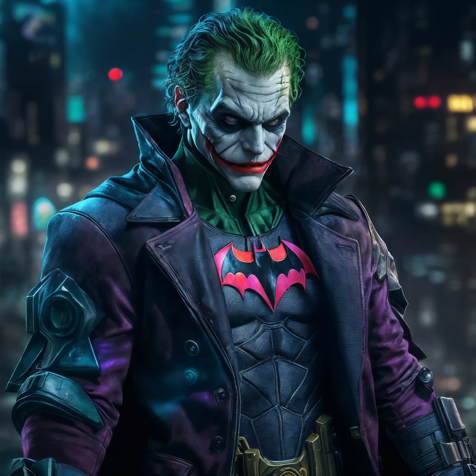 Batman and The Joker combined as one character, (top-quality、8K、32K、​masterpiece、)、(The ultra -The high-definition)、(Photorealsitic:1.4)、Raw photography,Perfect eyes,Charming perfect figure,actionpose:1.2,Detailed cyberpunk fashion、World of Cyberpunk,depth of fields,blurry backround,、