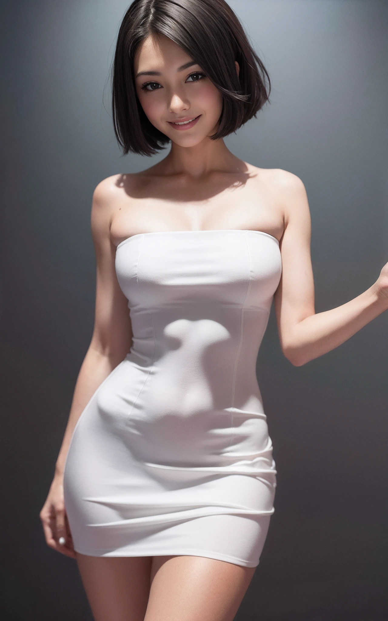 Masterpiece,Best quality,Masterpiece,Best quality,offcial art,Extremely detailed Cg Unity 8K wallpaper,,nevando,Realistic,Real,Mature female,Very short hair,Black hair,Asymmetrical hair,purple hairband,Light blush,view the viewer,Doggy_hor ears,Laughing,Fake smile,No eyes,Large breasts,breasts parted,Hanging breasts,Bare_bshoulders,compete swimsuit,Siamese swimsuit cat ears steppe