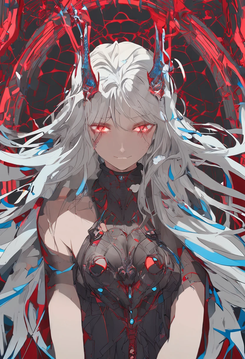 longeyelashes, fang, glowing eyes, heterochromia blue red, floating hair, hair over eyes, streaked hair, silver hair, mismatched pupils, devil pupils, crazy smile, Surrealism, drop shadow, anaglyph, stereogram, tachi-e, pov, atmospheric perspective, 8k, super detail, ccurate, best quality, UHD