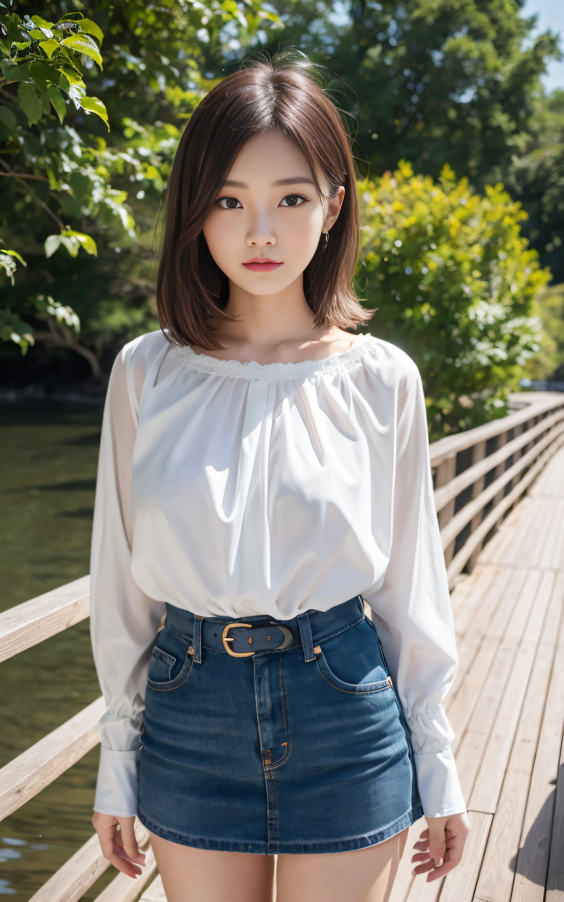((Best Quality, 8K, masutepiece: 1.3)), (Sharp Focus: 1.2), Tranquil riverside scenery on wooden bridge, 1 girl, Full body, Neat and clean beauty, 20 years old, Japanese, Looking away, Classy and elegant, A pretty girl with perfect figure, Cute, Shy, ((Medium hair swaying in the wind)), Big breasts, (Blouse: 1.1), Skirt, Highly detailed face and skin texture, Detailed eyes, Background bokeh,