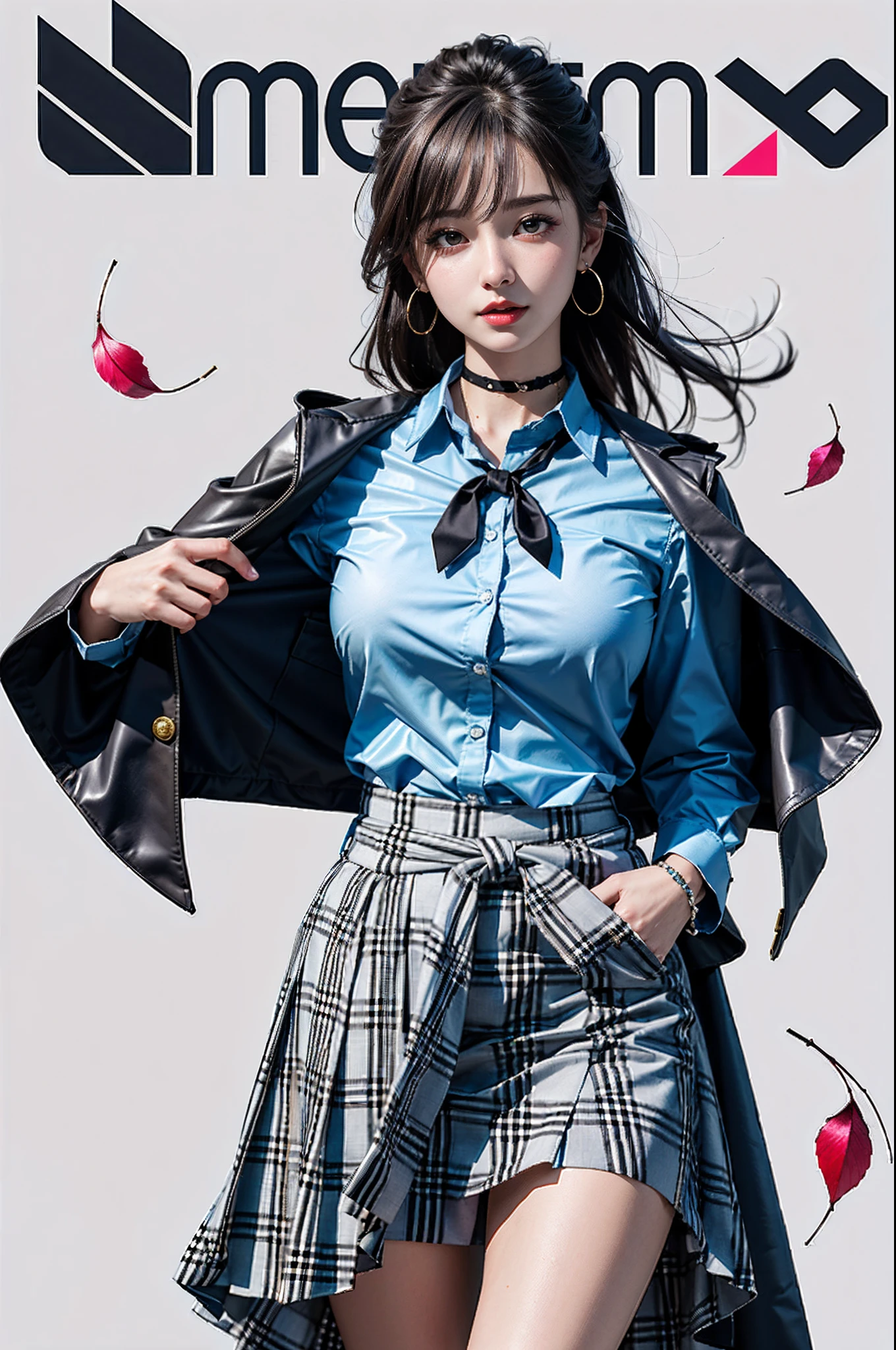 masterpiece, top-quality, full body Esbian, 1girl in, bangss, Black Choker, Black tie, A dark-haired, a blue skirt, red blush, A bracelet, breastsout, a choker, Clothing around the waist, 鎖骨, shirt with collar, cowboy shot, dress shirts, ear piercings, eyebrows visible through hair, gradation hair, Grinning, gals, jewely, Kogal, length hair, looking at the viewers, Loose tie, neck tie, piercings, Plaid, plaid skirts, pleatedskirt, red eyes, the ring, 校服, The shirt, skirt by the, A smile, 独奏, white shirt, a street, Skysky, cherry trees, flower petals,diagrams, (MagazineCover:1.3), (cover-style:1.3), Fashionable, femele, with a vibrant, outfits, the pose, the front, Colorful, Dynamic, Background with, element, self-assured, expresive, ngel, statement, accessorized, An majestic, coil, surroundings, Touch, The scene, Texto, covers, It's bold, captures the attention, Titles, Stylish, Font, It's catchy, headline, The large, Impressive, moderno, Trendy, Focus, lo fashion,