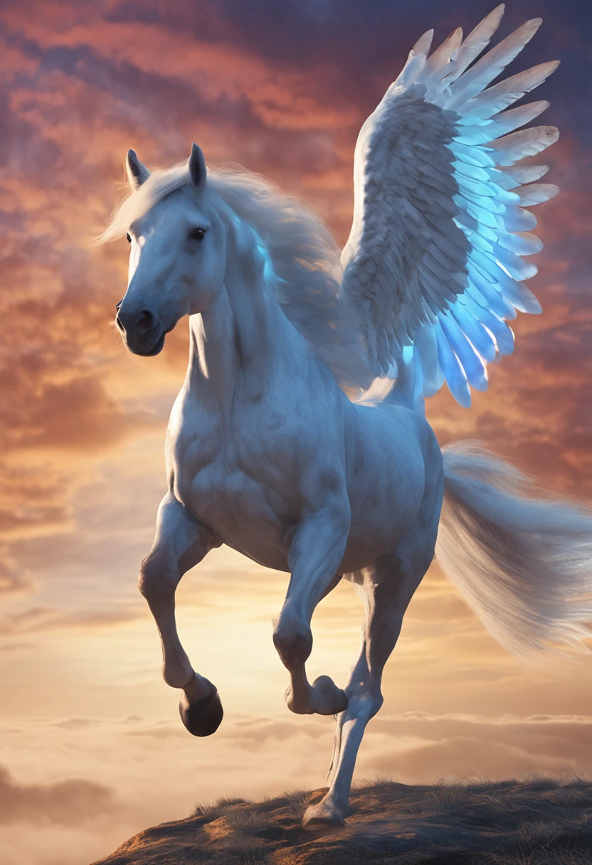 blueprint A majestic pegasus with wings spread flies gracefully through the sky. Items and gear listed on the side: - White winged horse - Flowing mane and tail - Saddle and reins