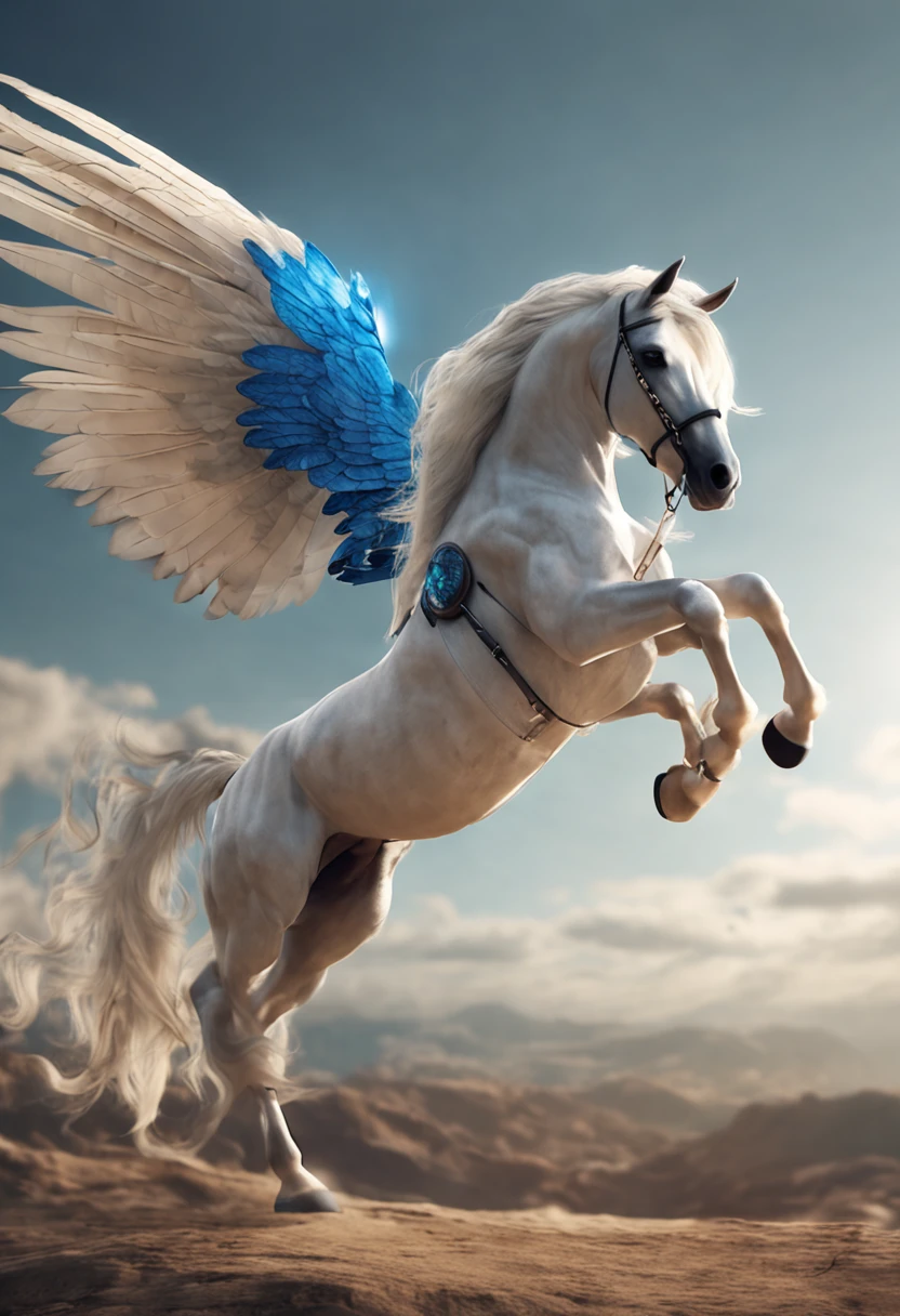 blueprint A majestic pegasus with wings spread flies gracefully through the sky. Items and gear listed on the side: - White winged horse - Flowing mane and tail - Saddle and reins