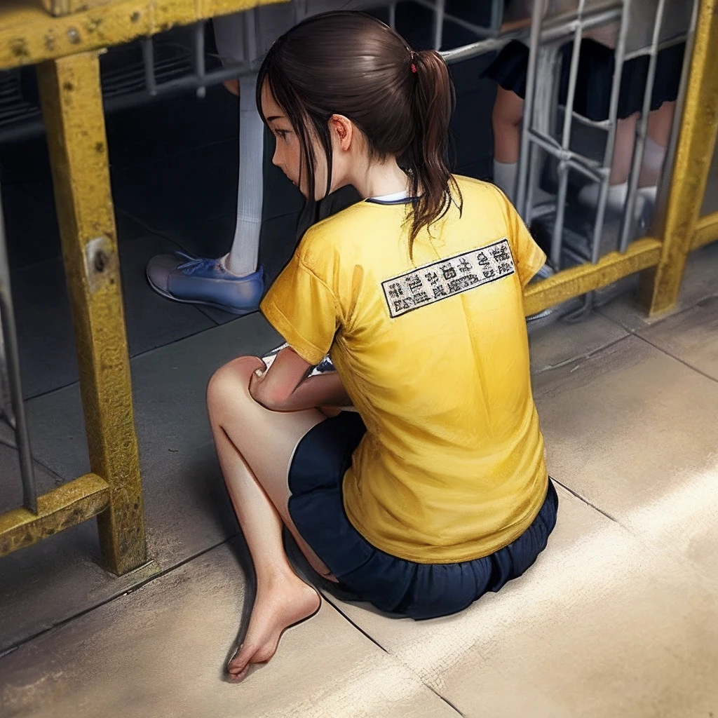 1 slave, linked, girl in handcuffs, squatting down, Kneeling, knees on the floor, 比基尼, camel toe, medium breasts, chained , chains, open knees, shy and embarrassed expression, Crowded market, busy market