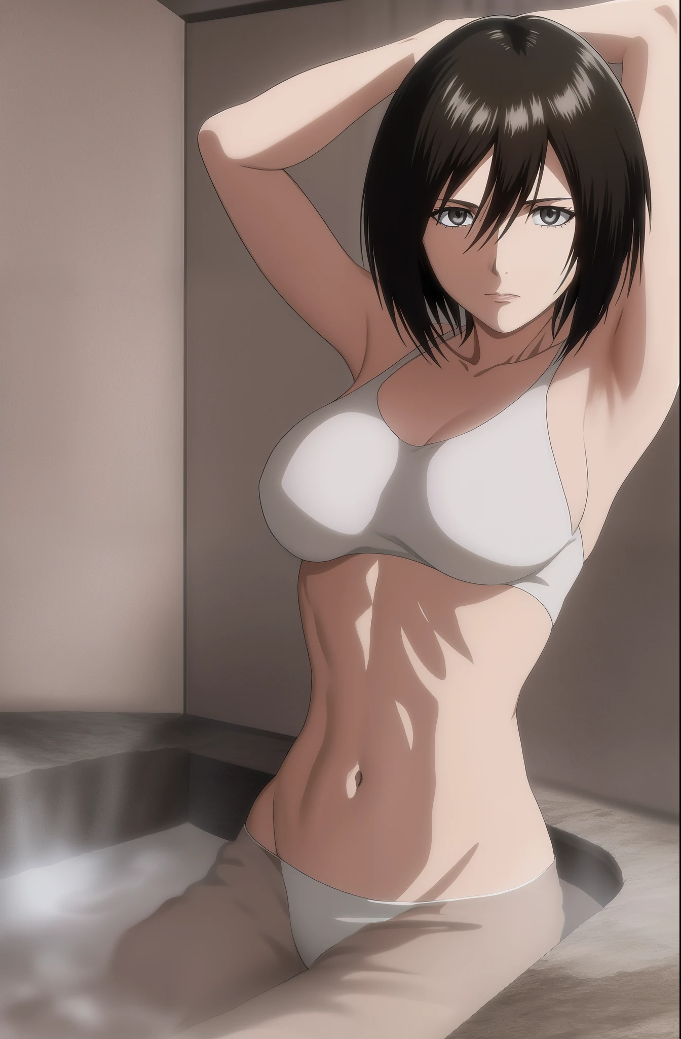 deslumbrante, armpits, detalles intrincados, 1girl, Mikasa Ackerman, (cabello negro:1.3), pelo entre los ojos, pelo corto, patillas, labios, cerrar, solamente, labios, Obra maestra, La mejor calidad, nude, bathing, barriga, pezon, ojos negros, nipples, black eyes, muscle, medium breasts,