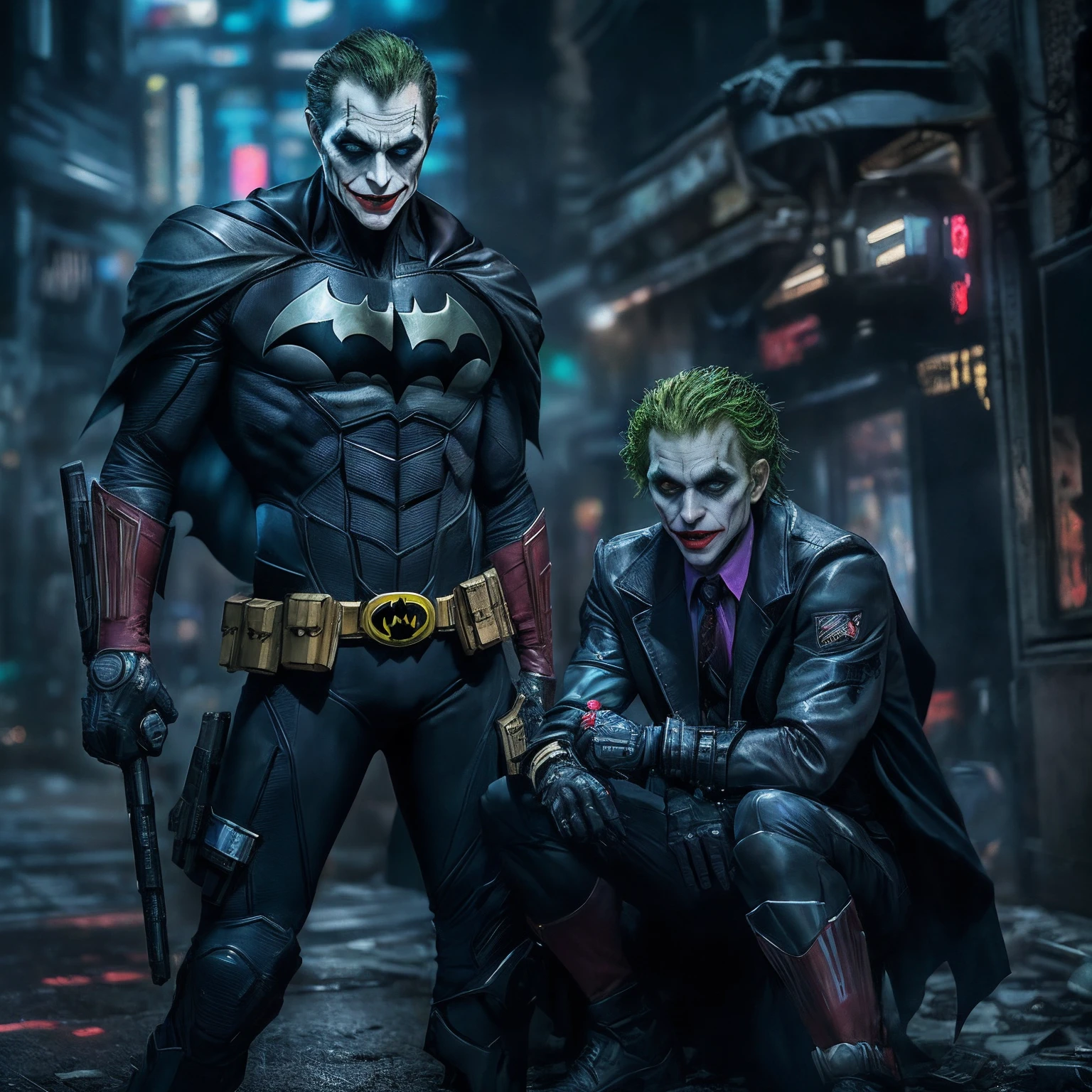 Batman and The Joker combined as one character, (top-quality、8K、32K、​masterpiece、)、(The ultra -The high-definition)、(Photorealsitic:1.4)、Raw photography,Perfect eyes,Charming perfect figure,actionpose:1.2,Detailed cyberpunk fashion、World of Cyberpunk,depth of fields,blurry backround,、