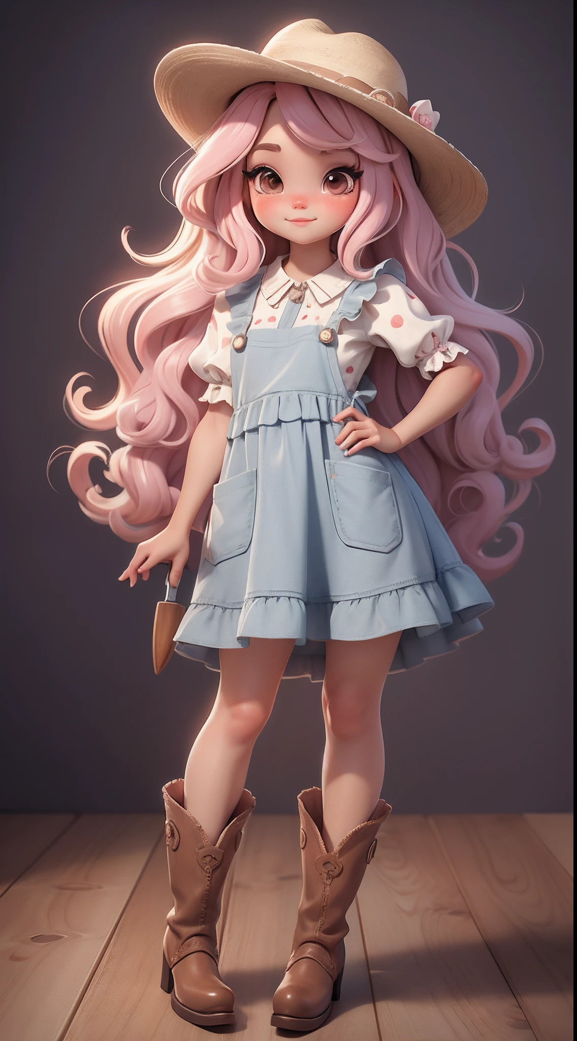 Create a series of cute baby style chibi dolls with a cute cowgirl theme, each with lots of detail and in an 8K resolution. All dolls should follow the same solid background pattern and be complete in the image, mostrando o (corpo inteiro, incluindo as pernas: 1.5)
Boneca cowgirl: Chame-a de Mia. She must have medium wavy hair. Seus olhos devem ser grandes e curiosos, with long eyelashes and slightly pinkish cheeks. Mia should be dressed in a delicate jumpsuit, cowboy boot and a polka dot blouse and a cowboy hat is cute. She must hold farm accessories. Add details like pockets and ruffles to the apron to make it even more charming, sapato bonito
Certifique-se de adicionar sombras, texturas e detalhes nos cabelos, roupas, Cute cowboy utensils, to make them even more adorable and charming.