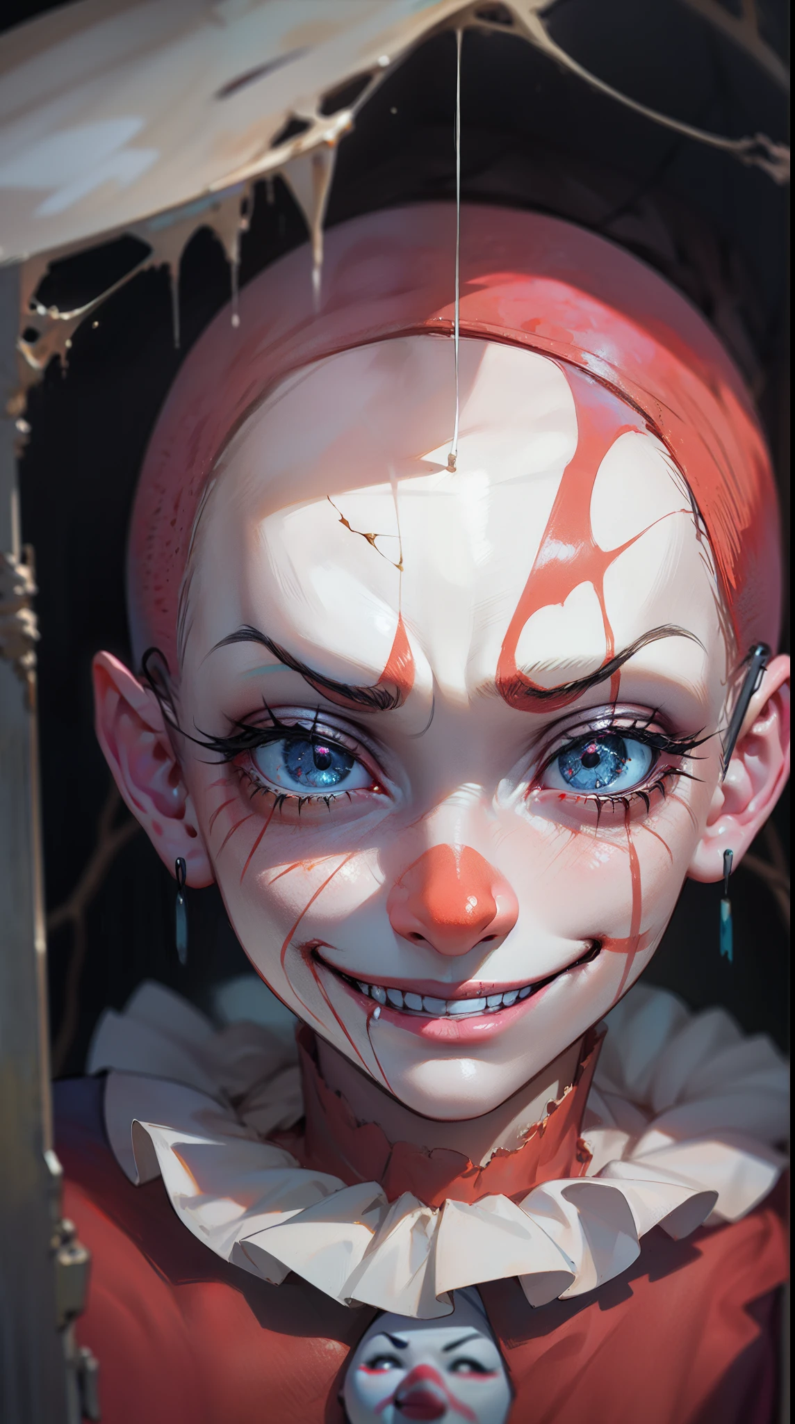 ((masterpiece)), best quality, 8k, high quality, high resolution, super detailed, ultra detailed, photorealistic, beautiful and finely detailed face and eyes, ultra detailed and detailed skin texture, expressive eyes, perfect face, 1 girl, bald head, (pale bald head), red and white face paint, tattered dress, twisted hands, (balloons), cracked clown mask, lurking in a carnival tent, haunting expression, ((maniacal grin)), night, abandoned carnival, broken rides, shattered mirrors, (creepy music), (thunderstorm), since decades, Pennywise, haunting eyes, nightmare circus background.