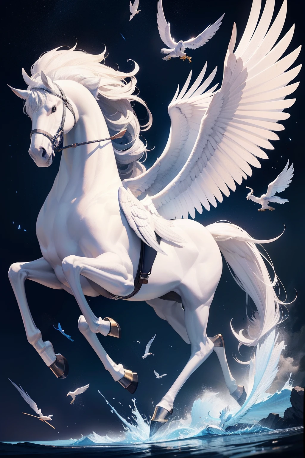 blueprint A majestic pegasus with wings spread flies gracefully through the sky.  

Items and gear listed on the side:
- White winged horse
- Flowing mane and tail
- Saddle and reins