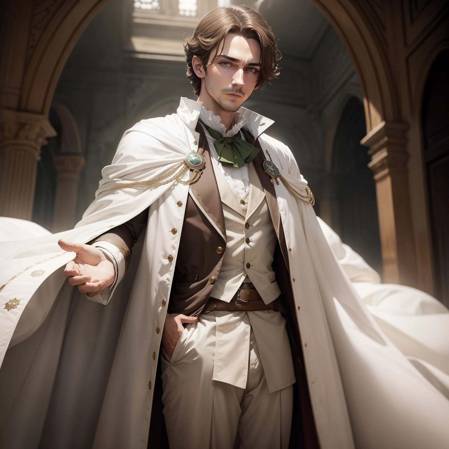 A man dressed in a white robe, under which there is a Victorian costume. He has brown hair and green eyes.